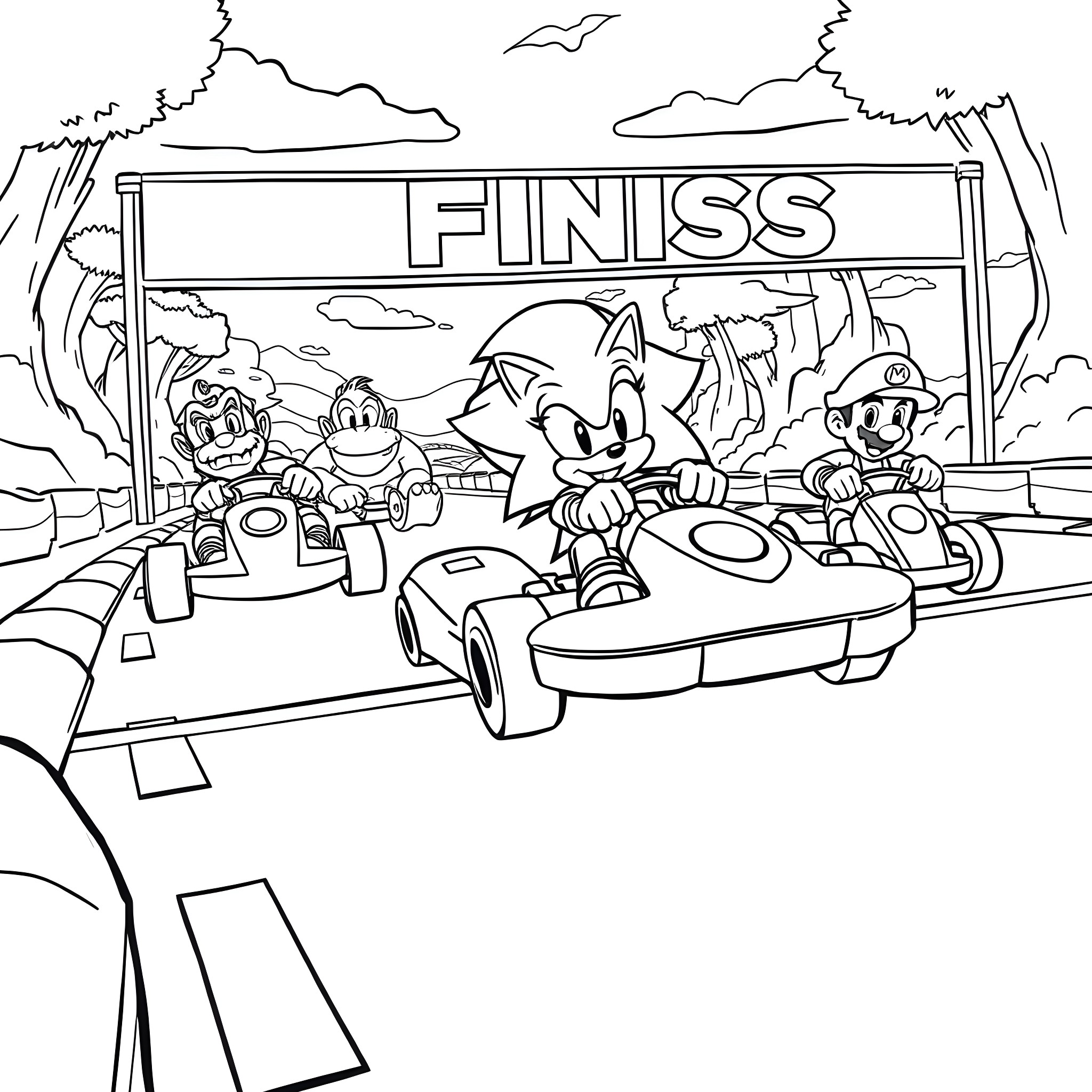 Sonic and friends racing in a kart competition Coloring Page (free black-and-white line drawing printable PDF for all, from beginners to advanced learners, including children, teens, adults, and seniors)