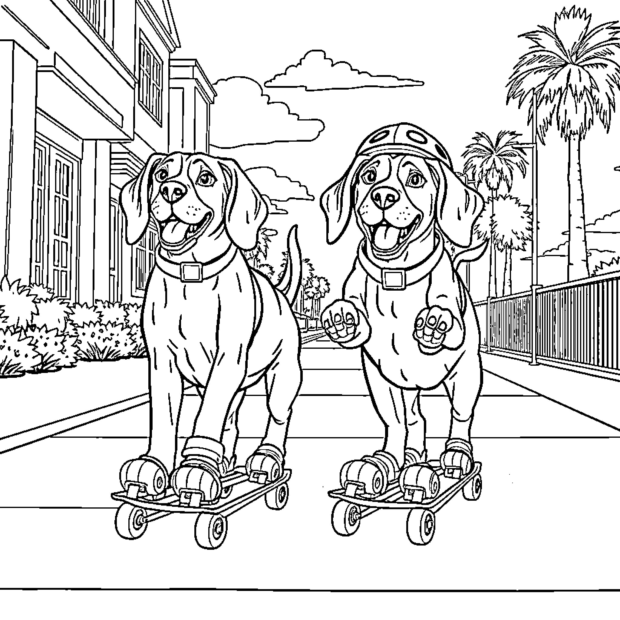 Beagle dogs riding roller skates on city street Coloring Page (free black-and-white line drawing printable PDF for all, from beginners to advanced learners, including children, teens, adults, and seniors)