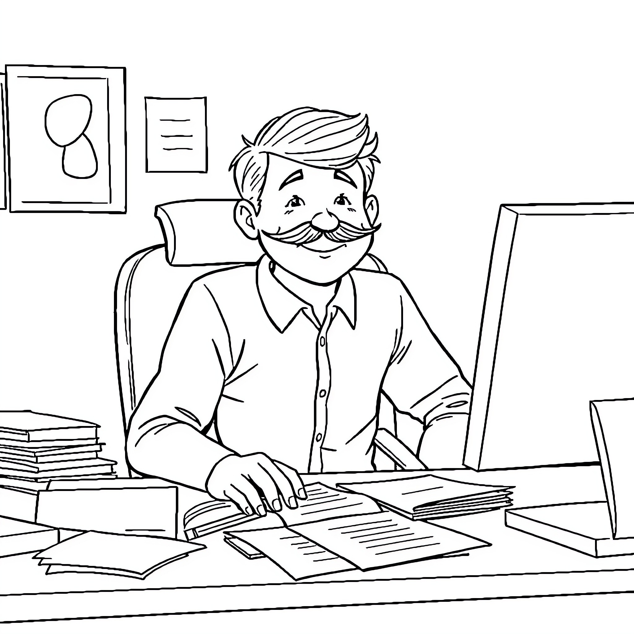 Person working diligently at a desk Coloring Page (free black-and-white line drawing printable PDF for all, from beginners to advanced learners, including children, teens, adults, and seniors)