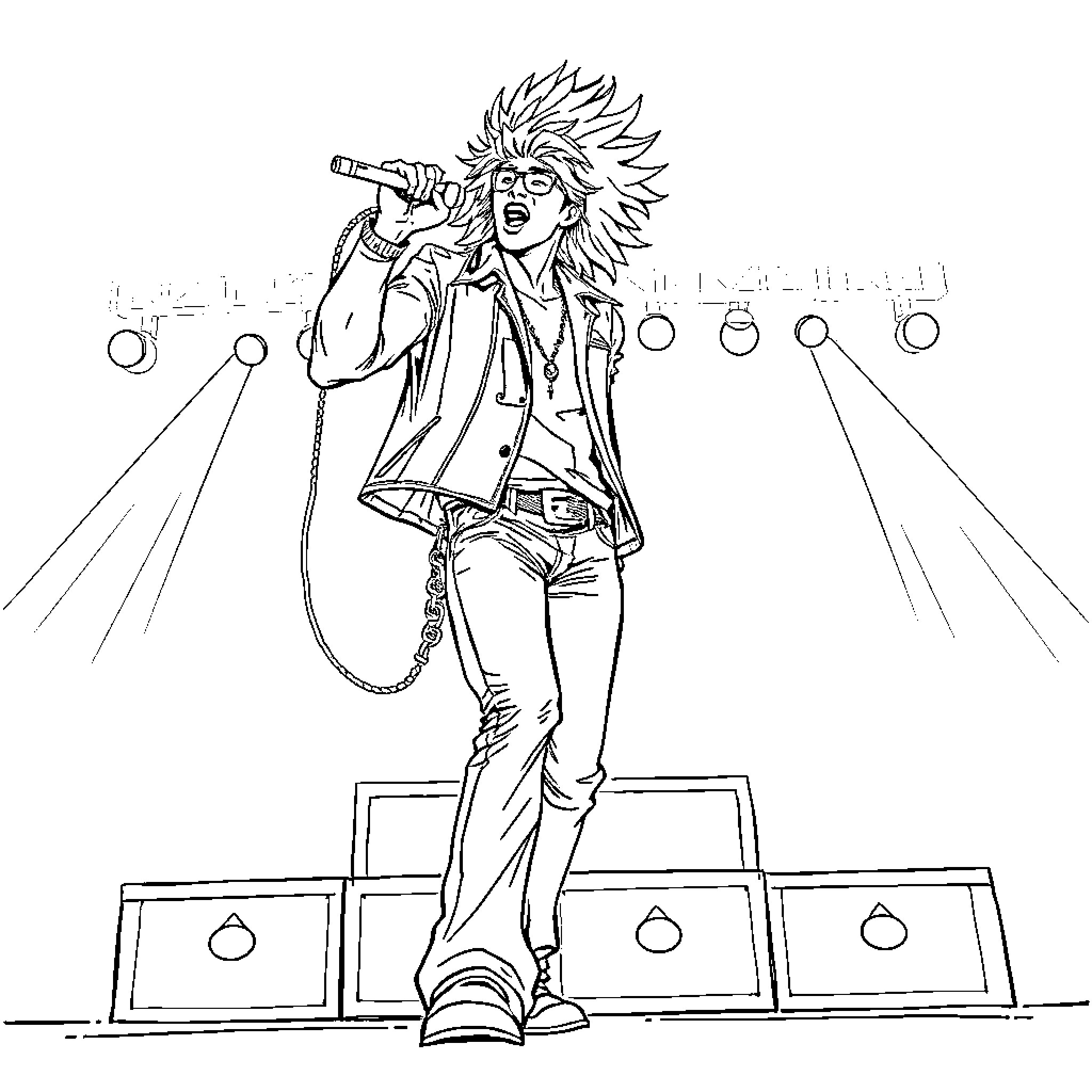 Mgk energetic performer on stage Coloring Page (free black-and-white line drawing printable PDF for all, from beginners to advanced learners, including children, teens, adults, and seniors)