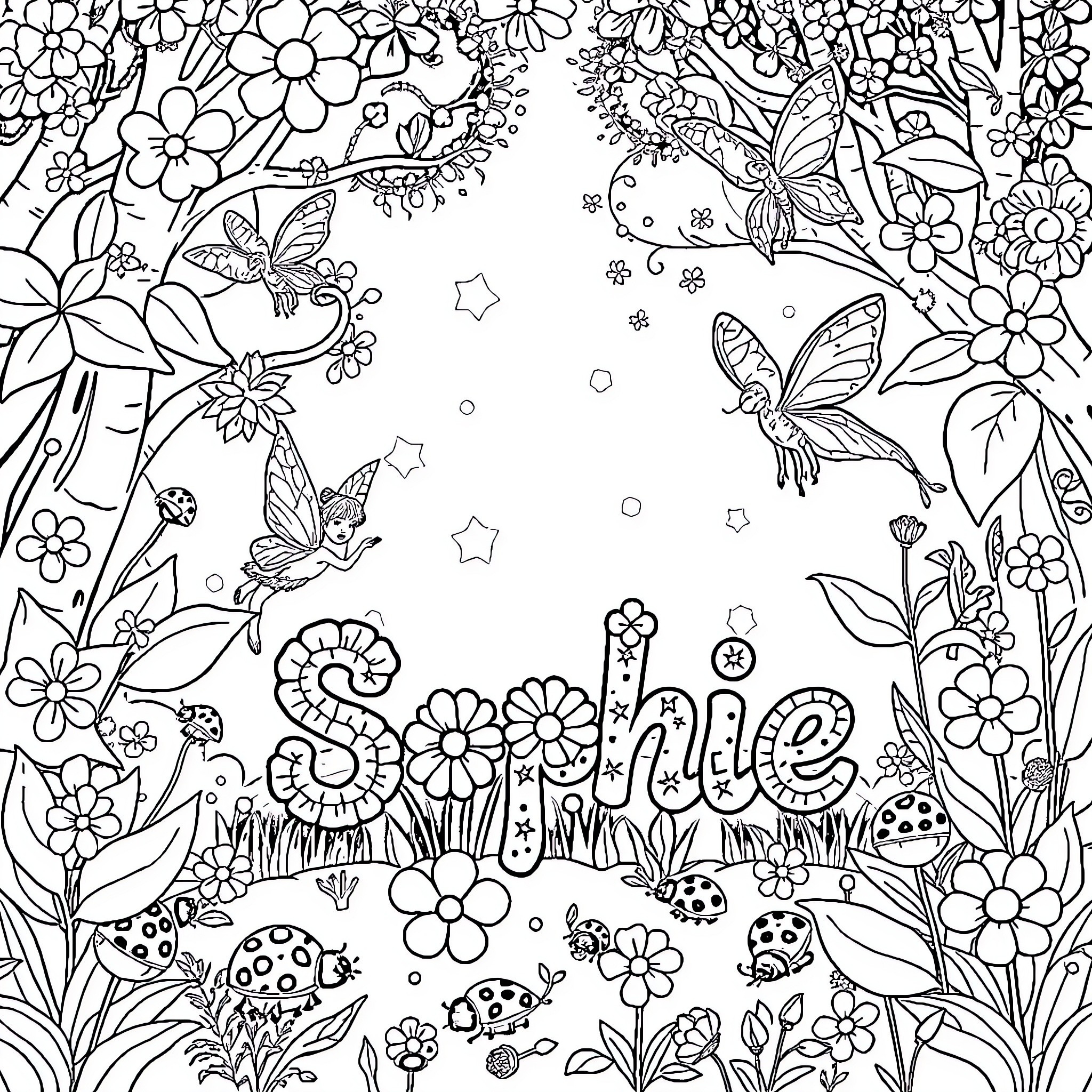 Fairy Garden with Flowers, Butterflies, and Magical Elements Coloring Page (free black-and-white line drawing printable PDF for all, from beginners to advanced learners, including children, teens, adults, and seniors)