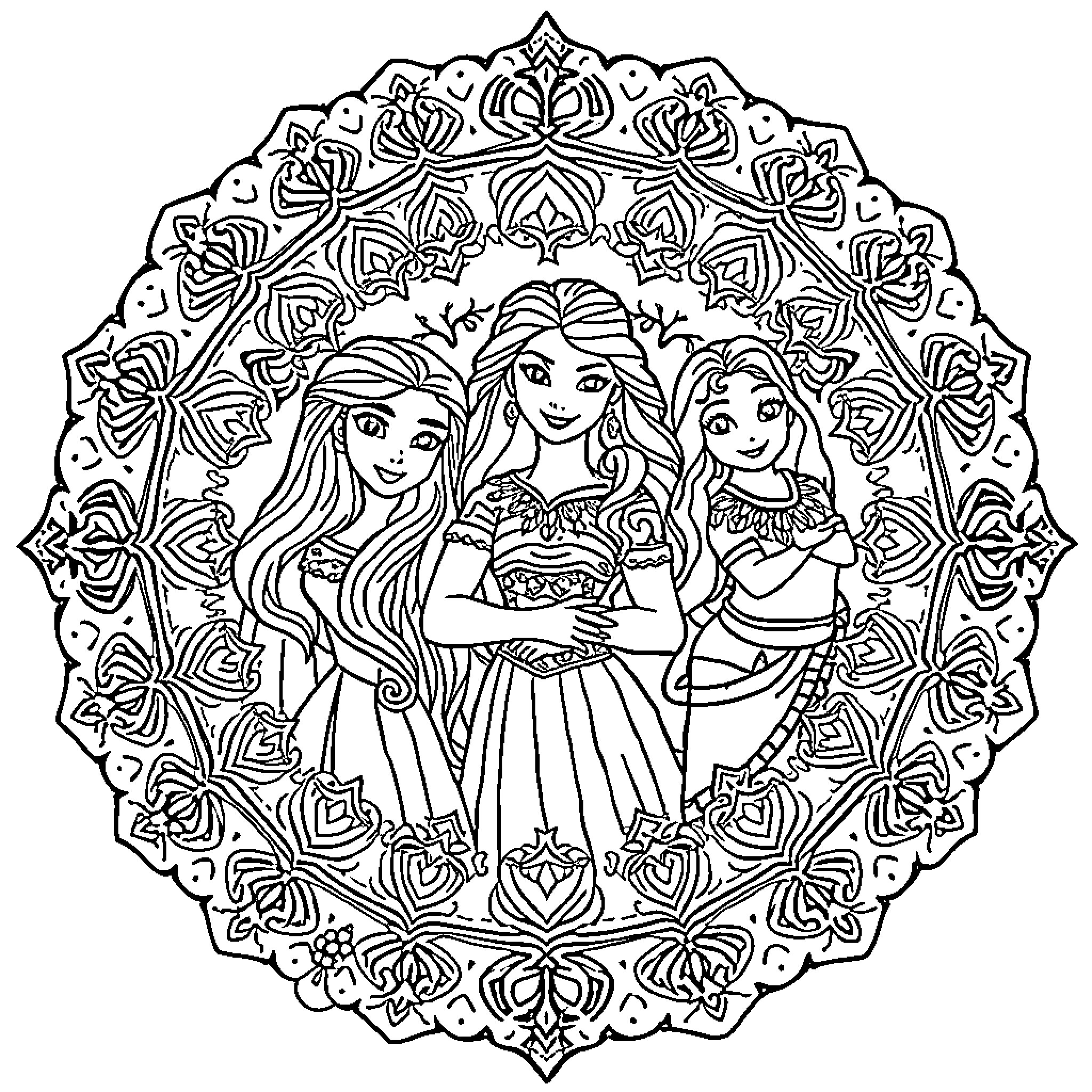 Princess Trio Posing in Ornate Floral Frame Coloring Page (free black-and-white line drawing printable PDF for all, from beginners to advanced learners, including children, teens, adults, and seniors)