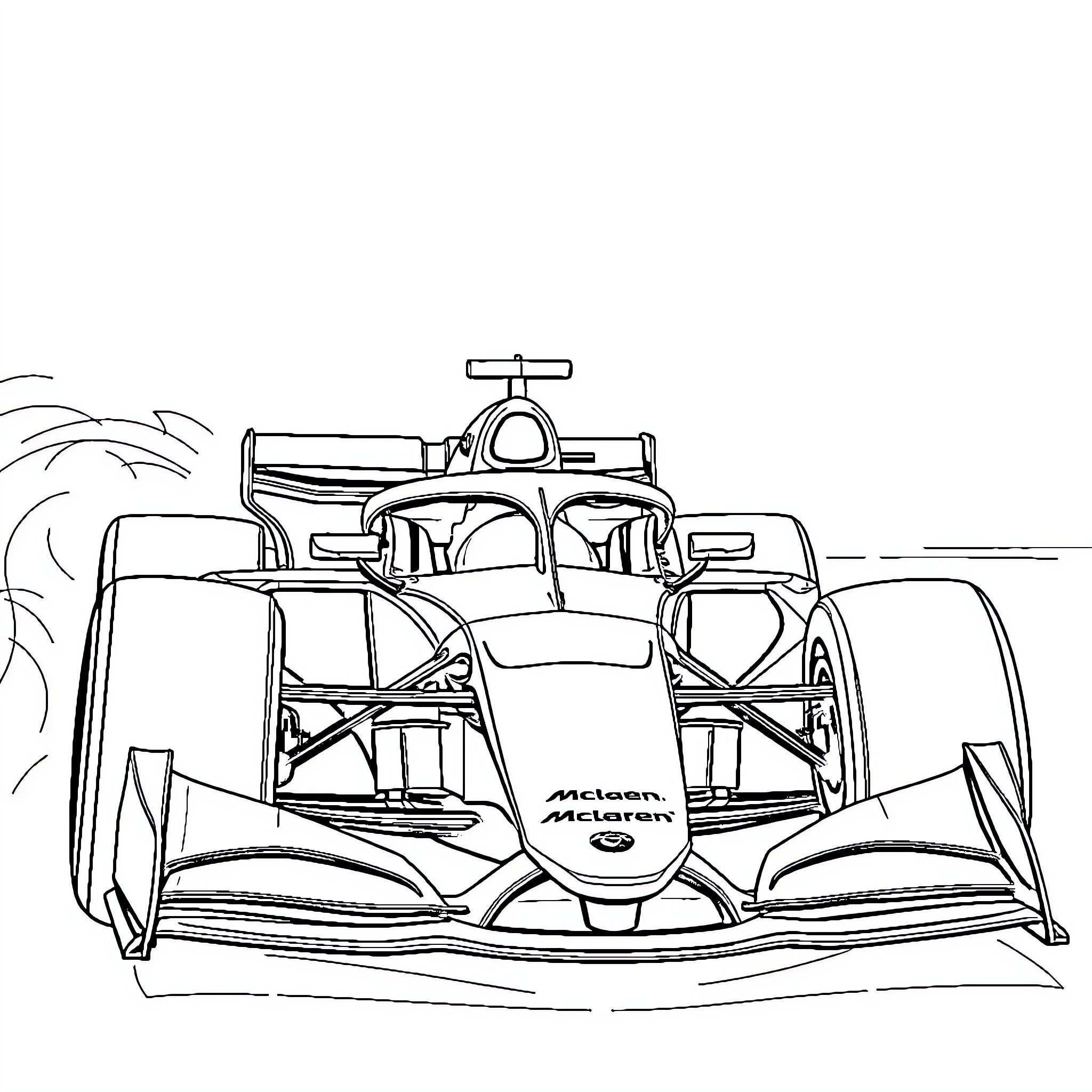 F1 Car racing on the track Coloring Page (free black-and-white line drawing printable PDF for all, from beginners to advanced learners, including children, teens, adults, and seniors)