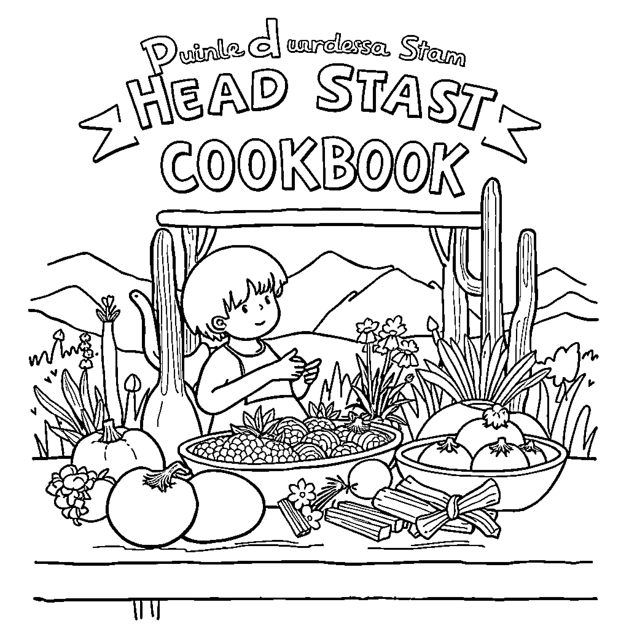 Cookbook of Homemade Meals in Desert Scenery Coloring Page (free black-and-white line drawing printable PDF for all, from beginners to advanced learners, including children, teens, adults, and seniors)