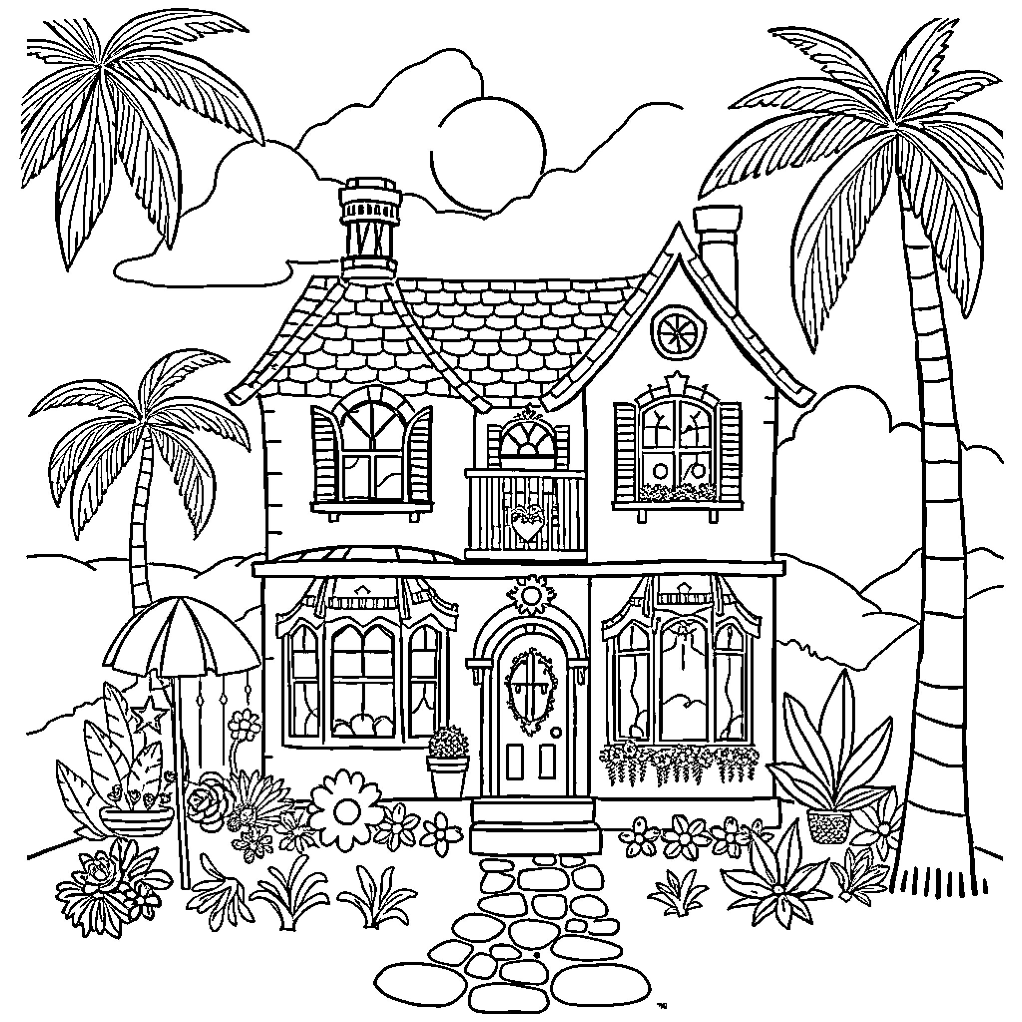 Dollhouse in a tropical paradise Coloring Page (free black-and-white line drawing printable PDF for all, from beginners to advanced learners, including children, teens, adults, and seniors)