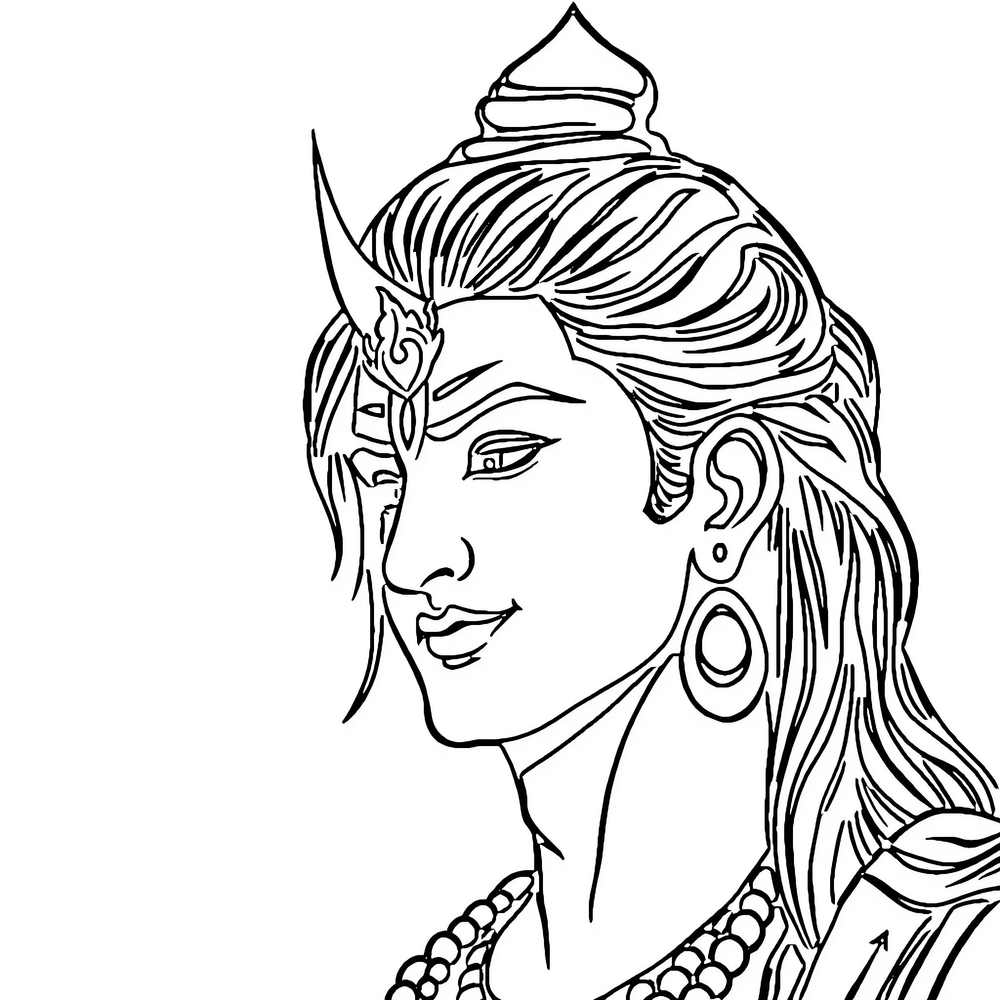 Mahadev's Serene Portrait with Ornate Headpiece Coloring Page (free black-and-white line drawing printable PDF for all, from beginners to advanced learners, including children, teens, adults, and seniors)