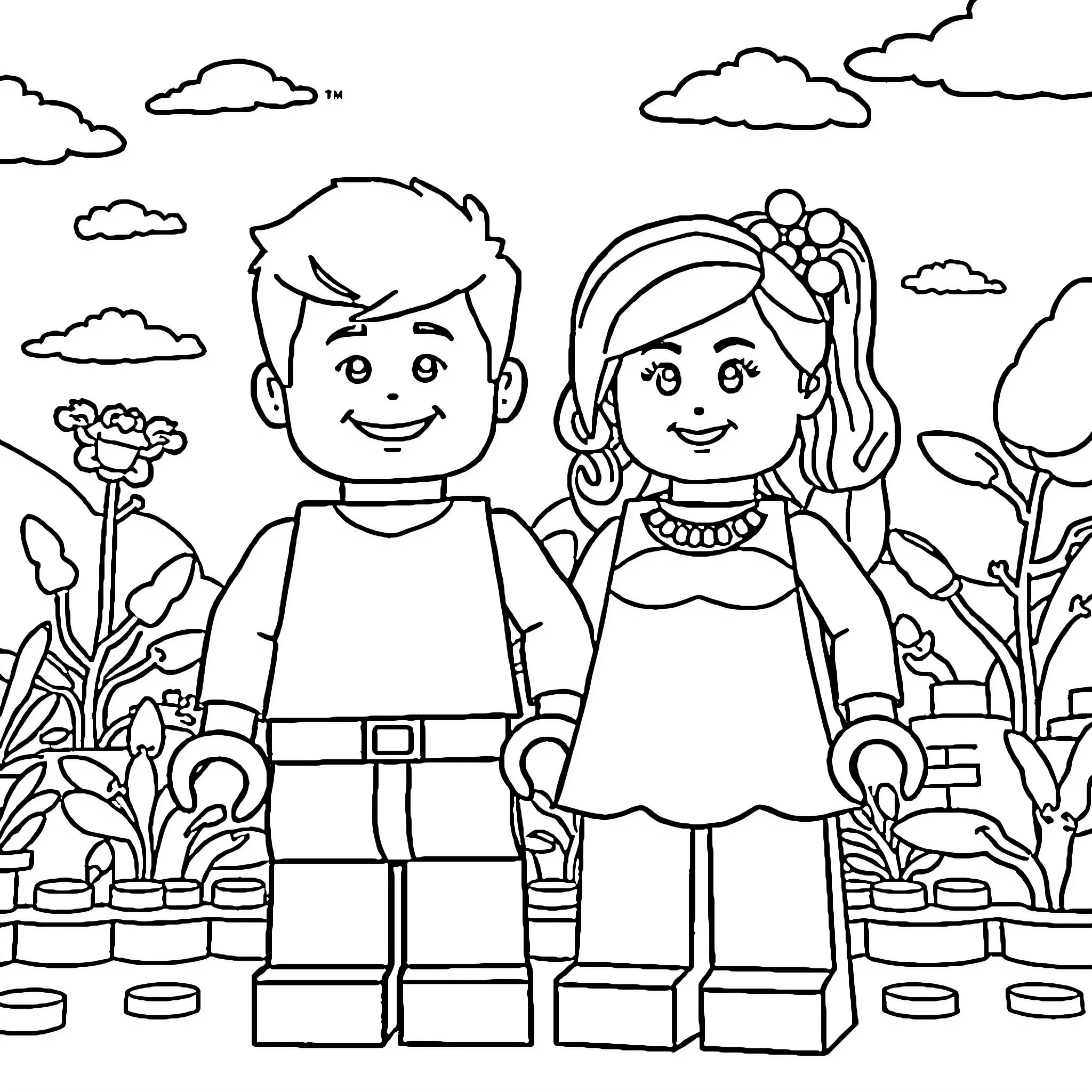 Lego couple enjoying nature together Coloring Page (free black-and-white line drawing printable PDF for all, from beginners to advanced learners, including children, teens, adults, and seniors)
