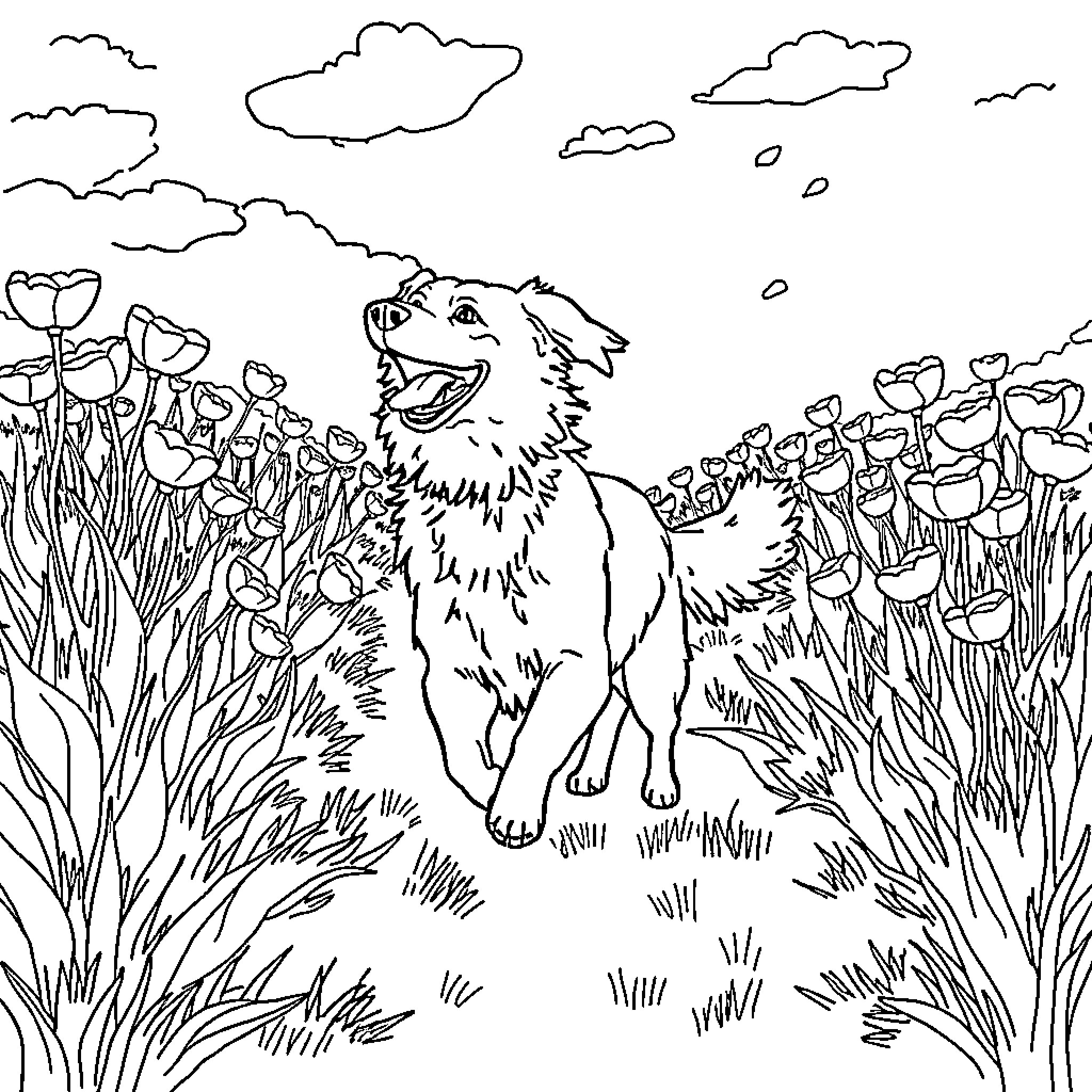 Dog joyfully running through a floral field Coloring Page (free black-and-white line drawing printable PDF for all, from beginners to advanced learners, including children, teens, adults, and seniors)