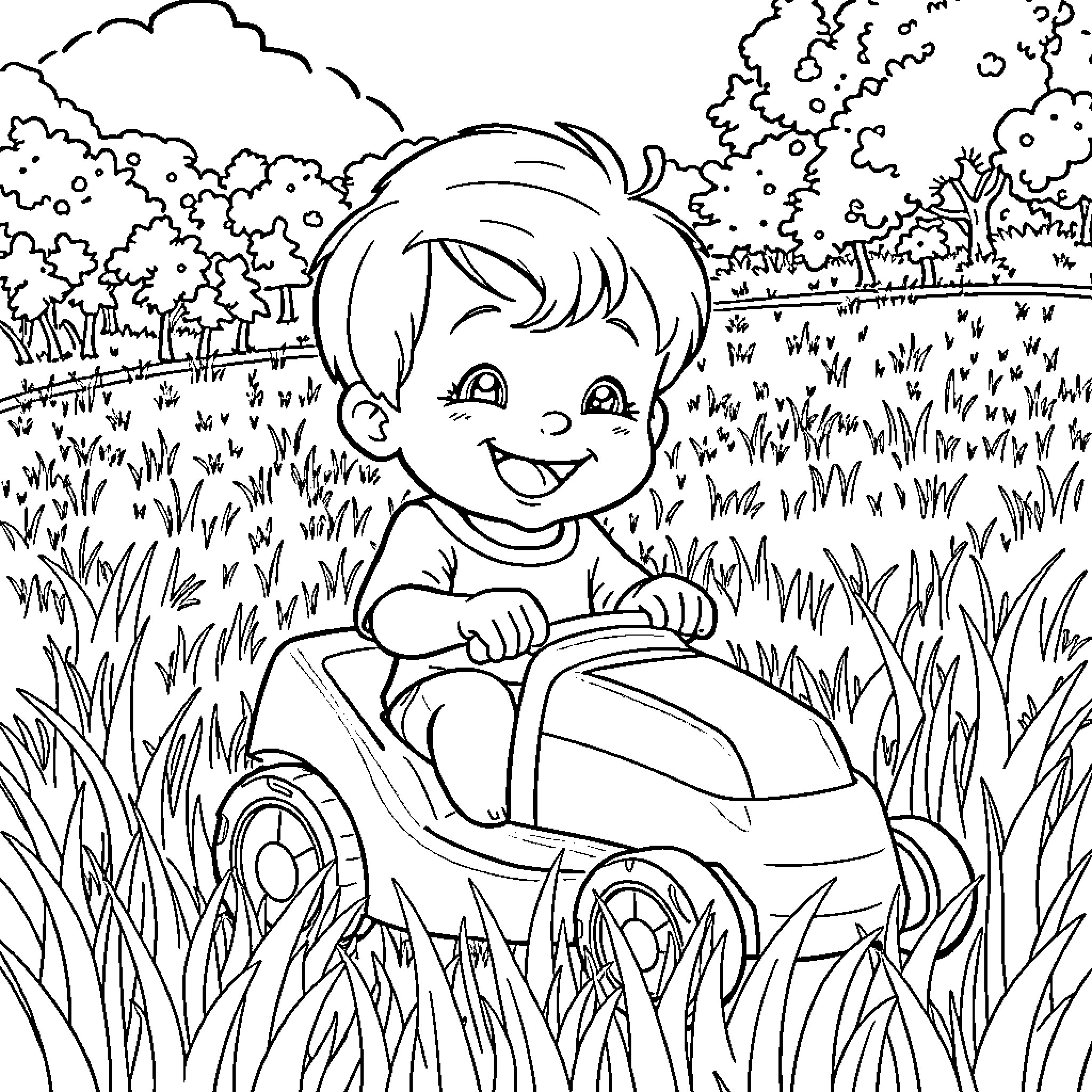 Boy Playing Joyfully in a Grassy Outdoor Scene Coloring Page (free black-and-white line drawing printable PDF for all, from beginners to advanced learners, including children, teens, adults, and seniors)