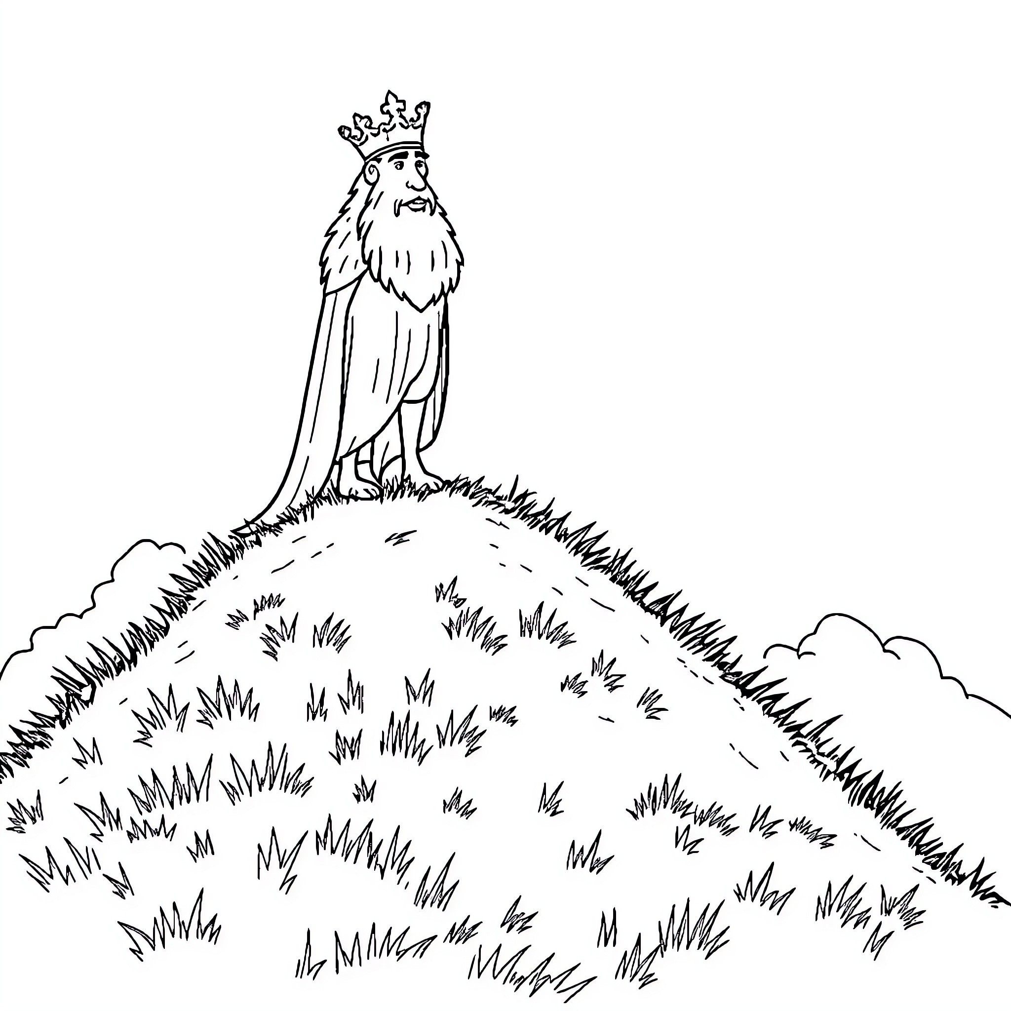 King Standing Proudly on a Grassy Hill Coloring Page (free black-and-white line drawing printable PDF for all, from beginners to advanced learners, including children, teens, adults, and seniors)