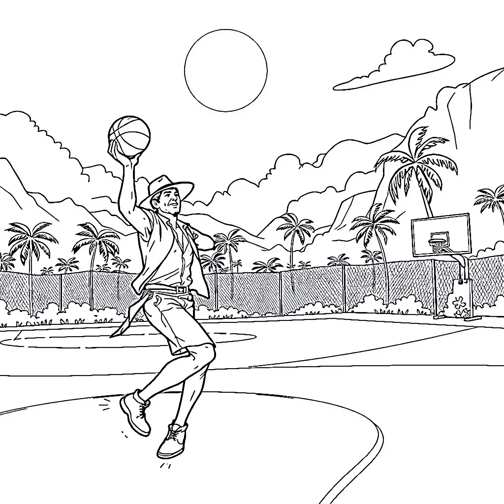 Indiana Jones Dribbles Basketball on Tropical Court Coloring Page (free black-and-white line drawing printable PDF for all, from beginners to advanced learners, including children, teens, adults, and seniors)