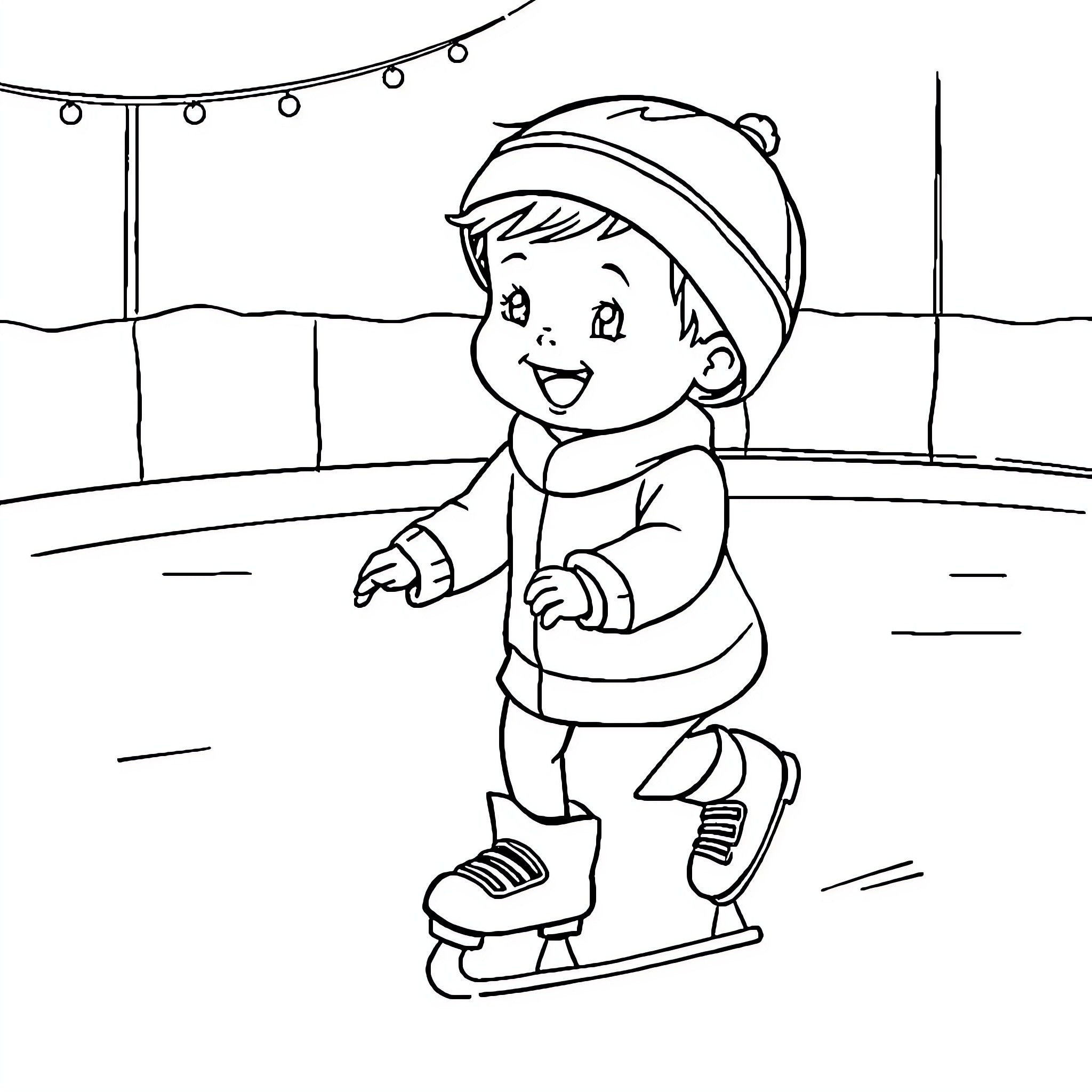 Baby ice skating happily on a rink Coloring Page (free black-and-white line drawing printable PDF for all, from beginners to advanced learners, including children, teens, adults, and seniors)