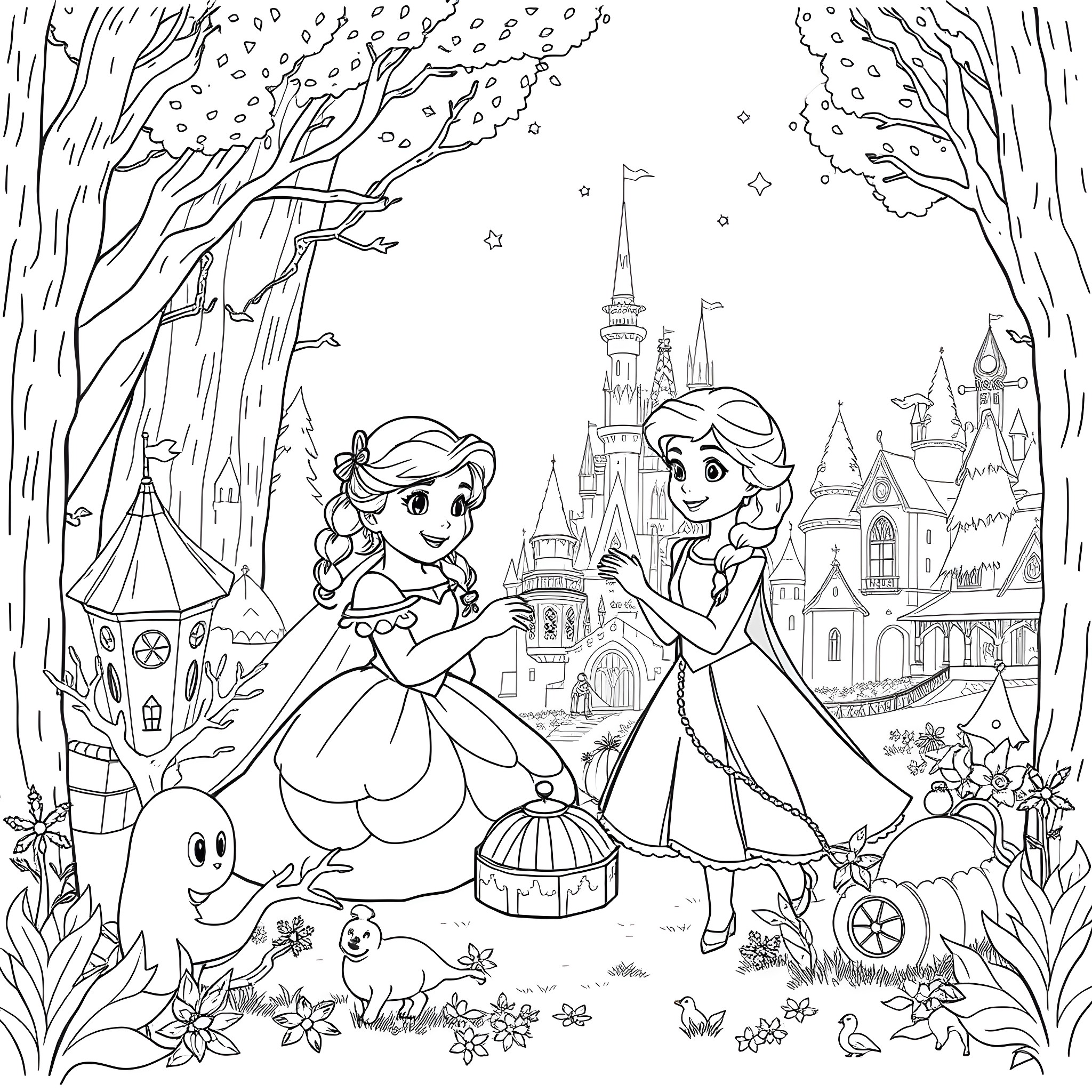 Belle and Friends in Enchanted Winter Wonderland Coloring Page (free black-and-white line drawing printable PDF for all, from beginners to advanced learners, including children, teens, adults, and seniors)