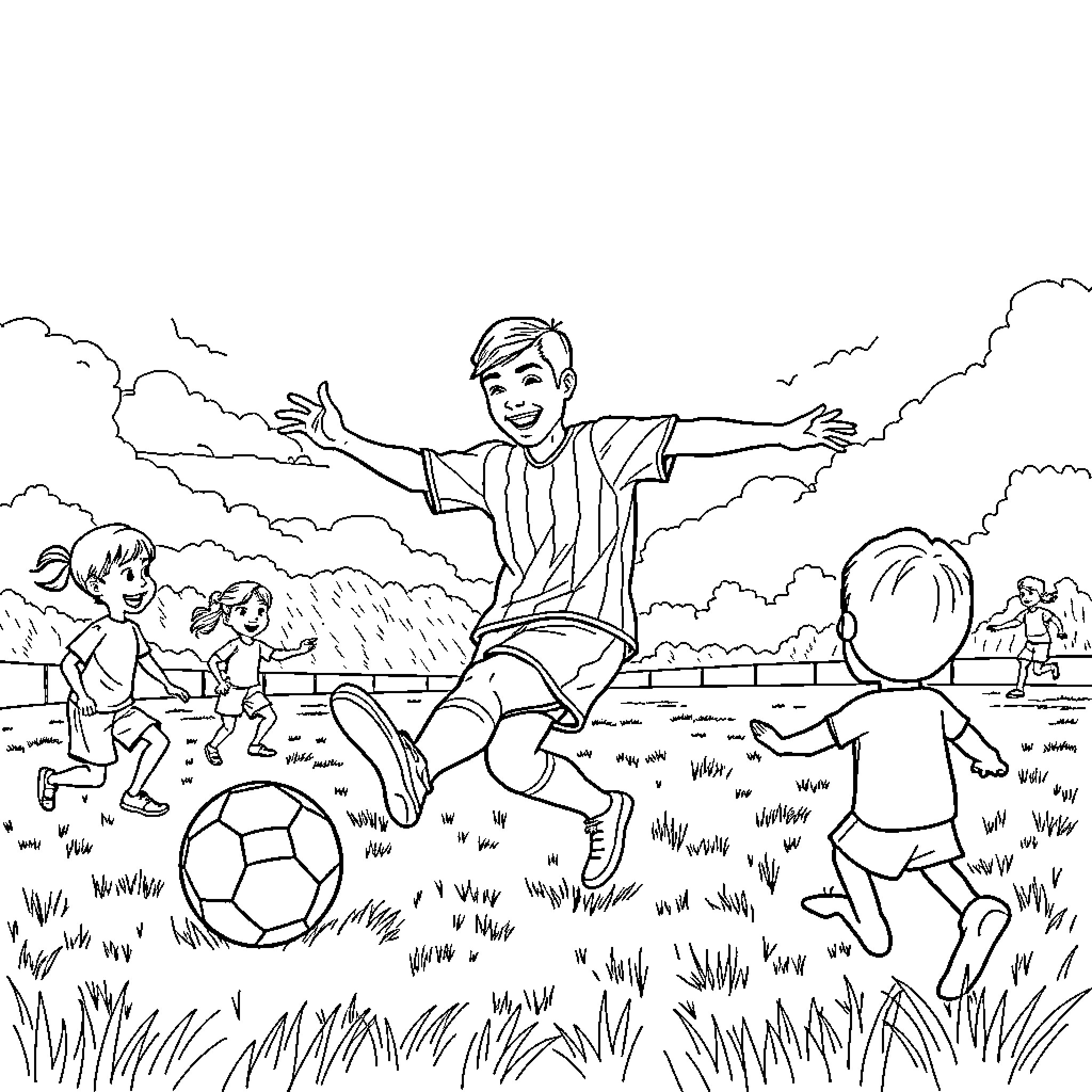 AMLO playing soccer joyfully with children on the field Coloring Page (free black-and-white line drawing printable PDF for all, from beginners to advanced learners, including children, teens, adults, and seniors)