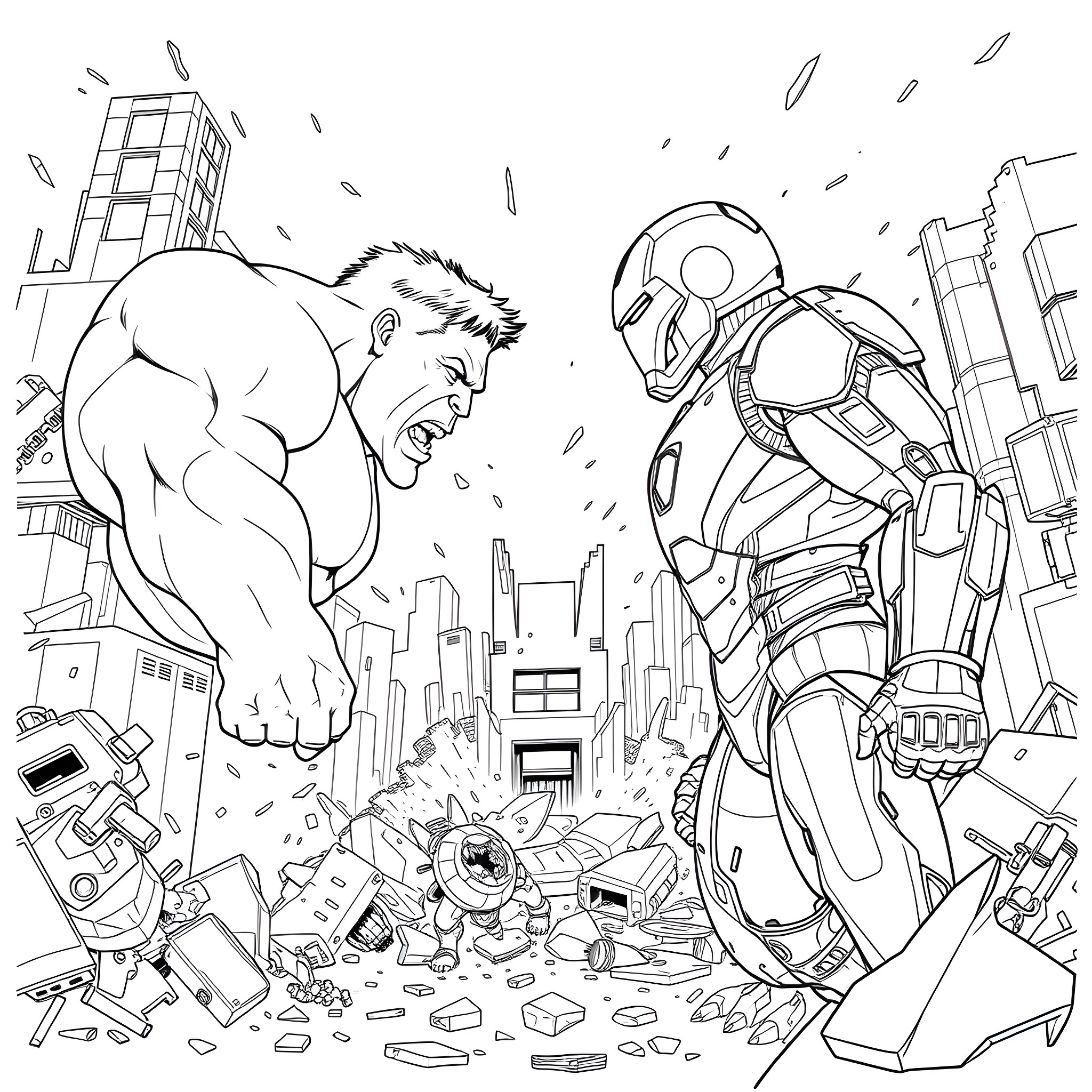 Hulk rampaging against futuristic robot in city Coloring Page (free black-and-white line drawing printable PDF for all, from beginners to advanced learners, including children, teens, adults, and seniors)