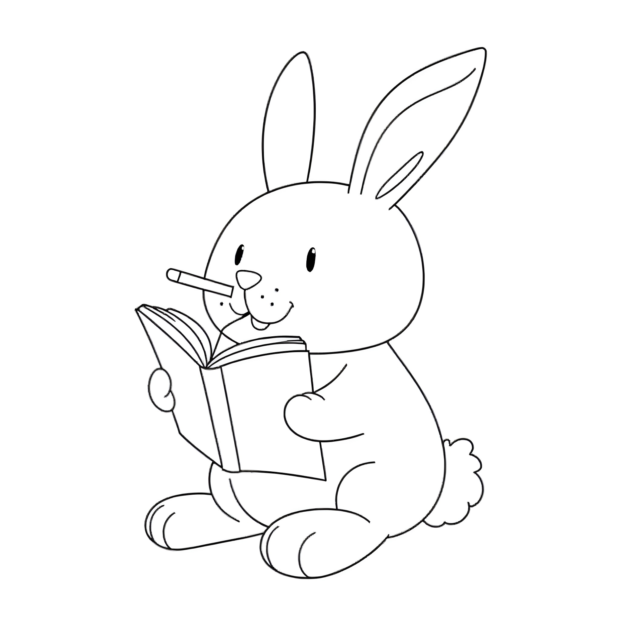 Rabbit reading a book happily Coloring Page (free black-and-white line drawing printable PDF for all, from beginners to advanced learners, including children, teens, adults, and seniors)