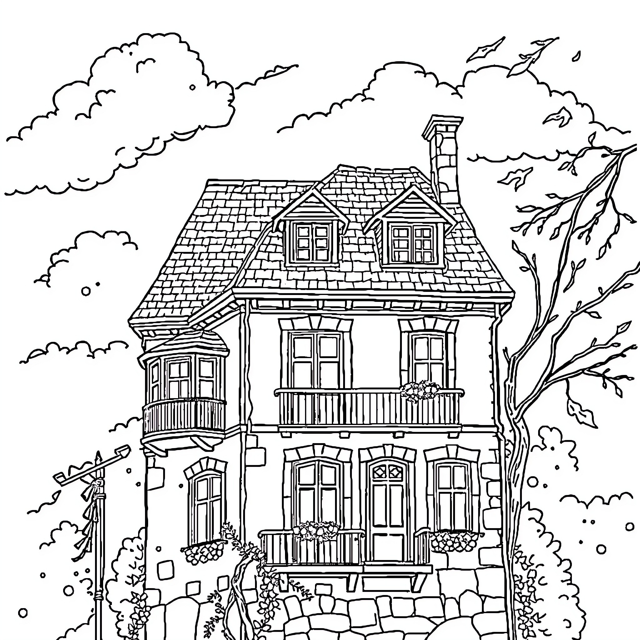 House with intricate architectural details in an autumn setting Coloring Page (free black-and-white line drawing printable PDF for all, from beginners to advanced learners, including children, teens, adults, and seniors)