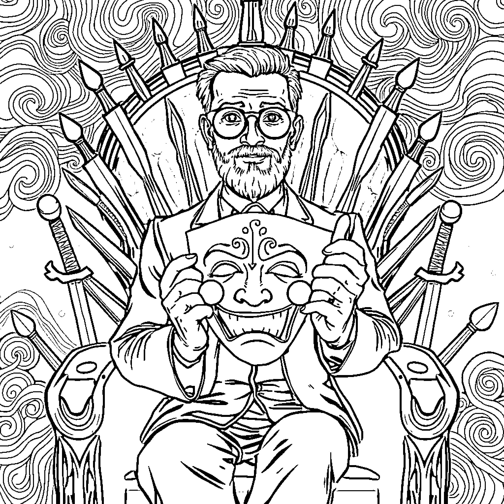Man in elaborate robes holding ornate object Coloring Page (free black-and-white line drawing printable PDF for all, from beginners to advanced learners, including children, teens, adults, and seniors)