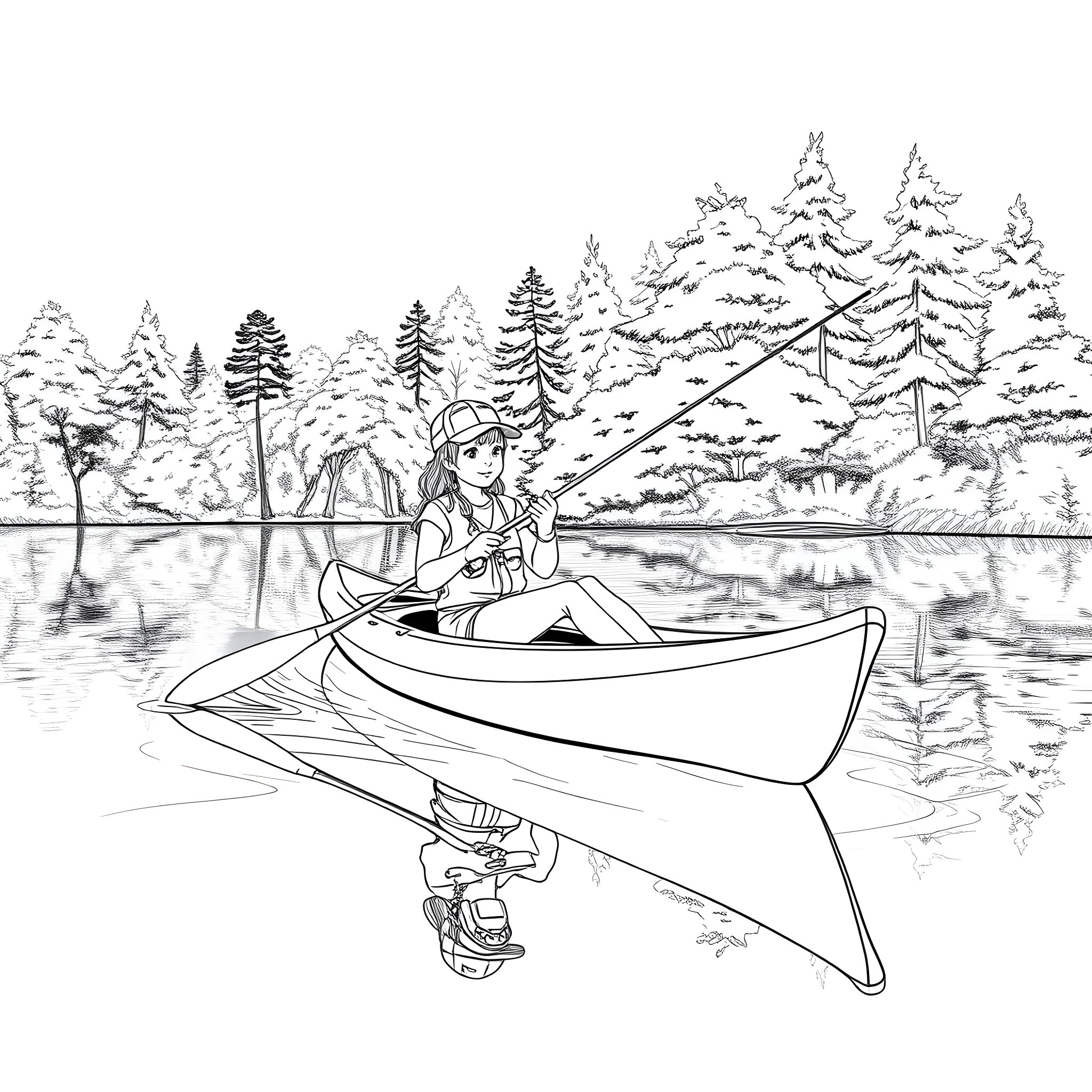 Girl Paddling Canoe in Scenic Snowy Forest Lake Coloring Page (free black-and-white line drawing printable PDF for all, from beginners to advanced learners, including children, teens, adults, and seniors)
