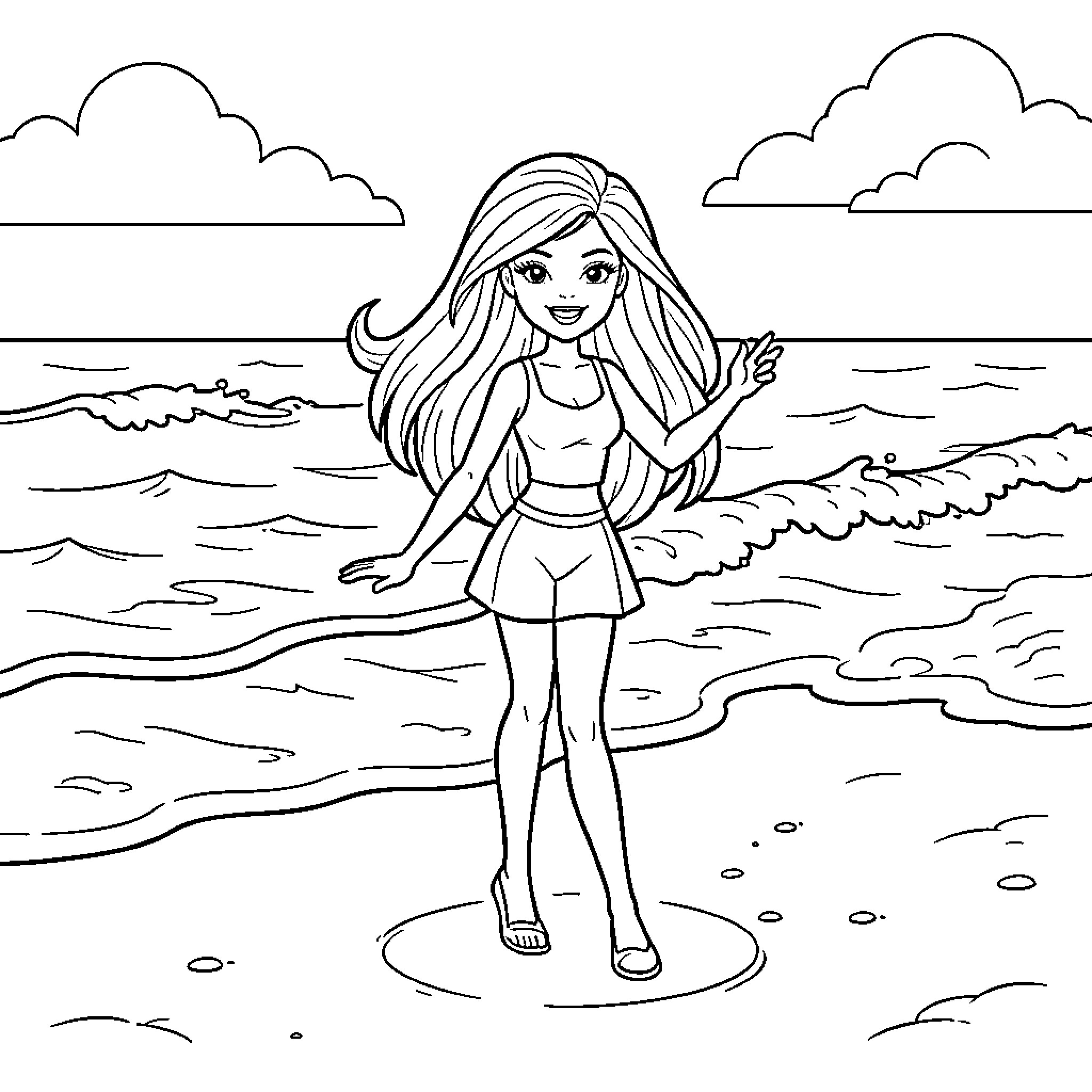 Barbie standing and smiling on a sandy beach Coloring Page (free black-and-white line drawing printable PDF for all, from beginners to advanced learners, including children, teens, adults, and seniors)