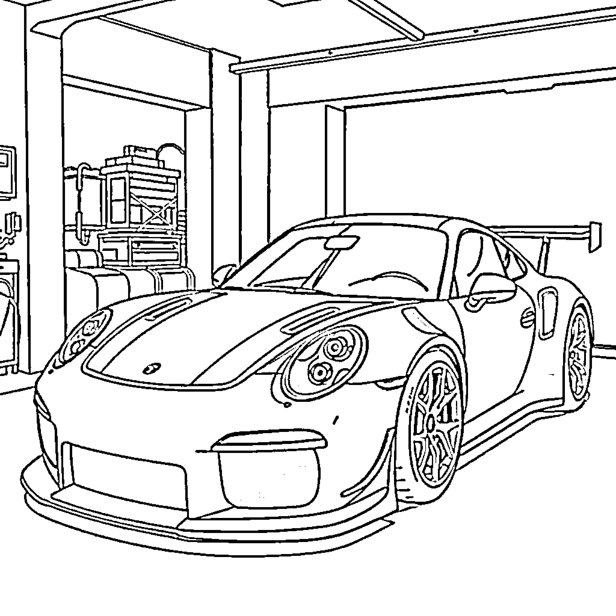 Porsche parked inside a modern garage setting Coloring Page (free black-and-white line drawing printable PDF for all, from beginners to advanced learners, including children, teens, adults, and seniors)