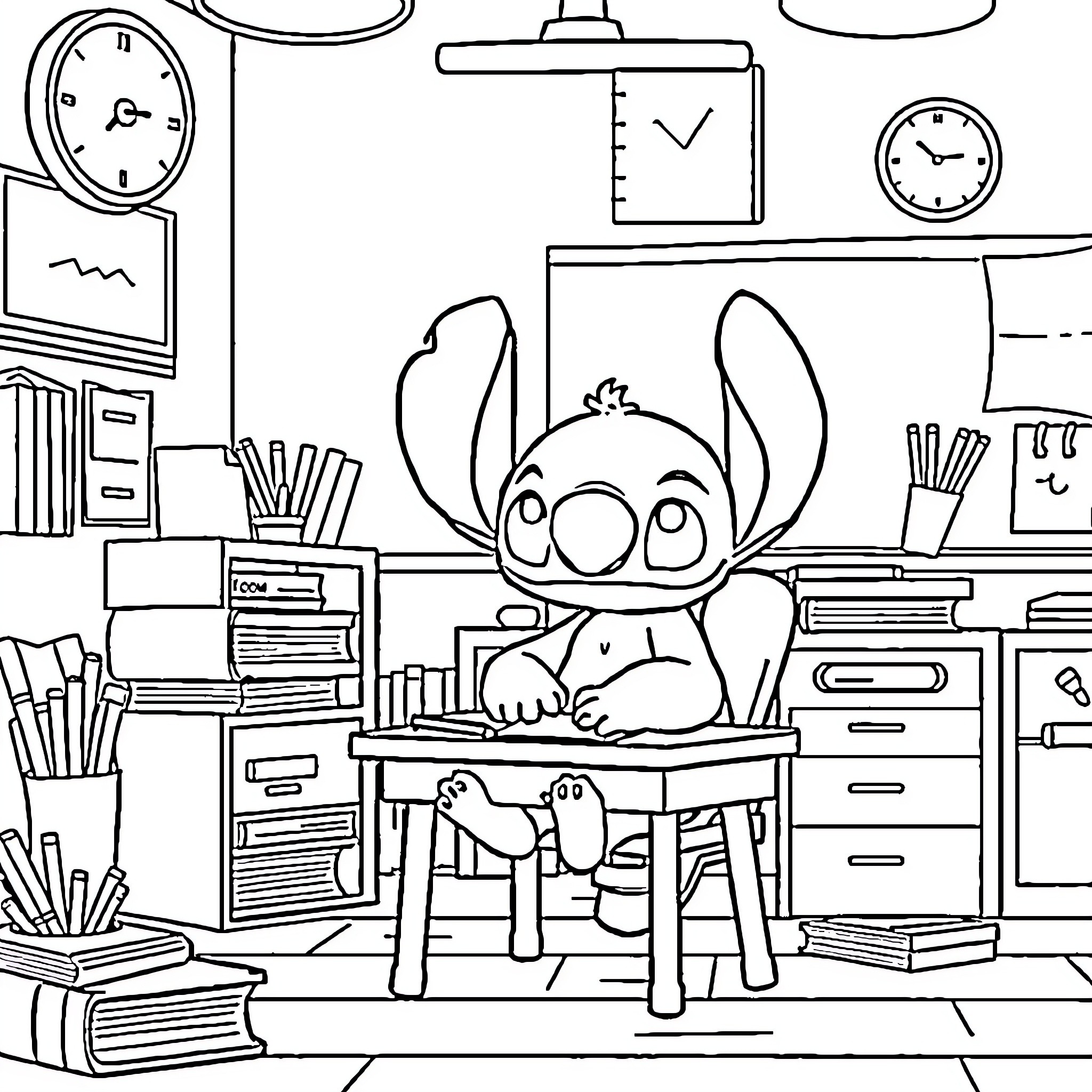 Stitch studying diligently in the classroom Coloring Page (free black-and-white line drawing printable PDF for all, from beginners to advanced learners, including children, teens, adults, and seniors)
