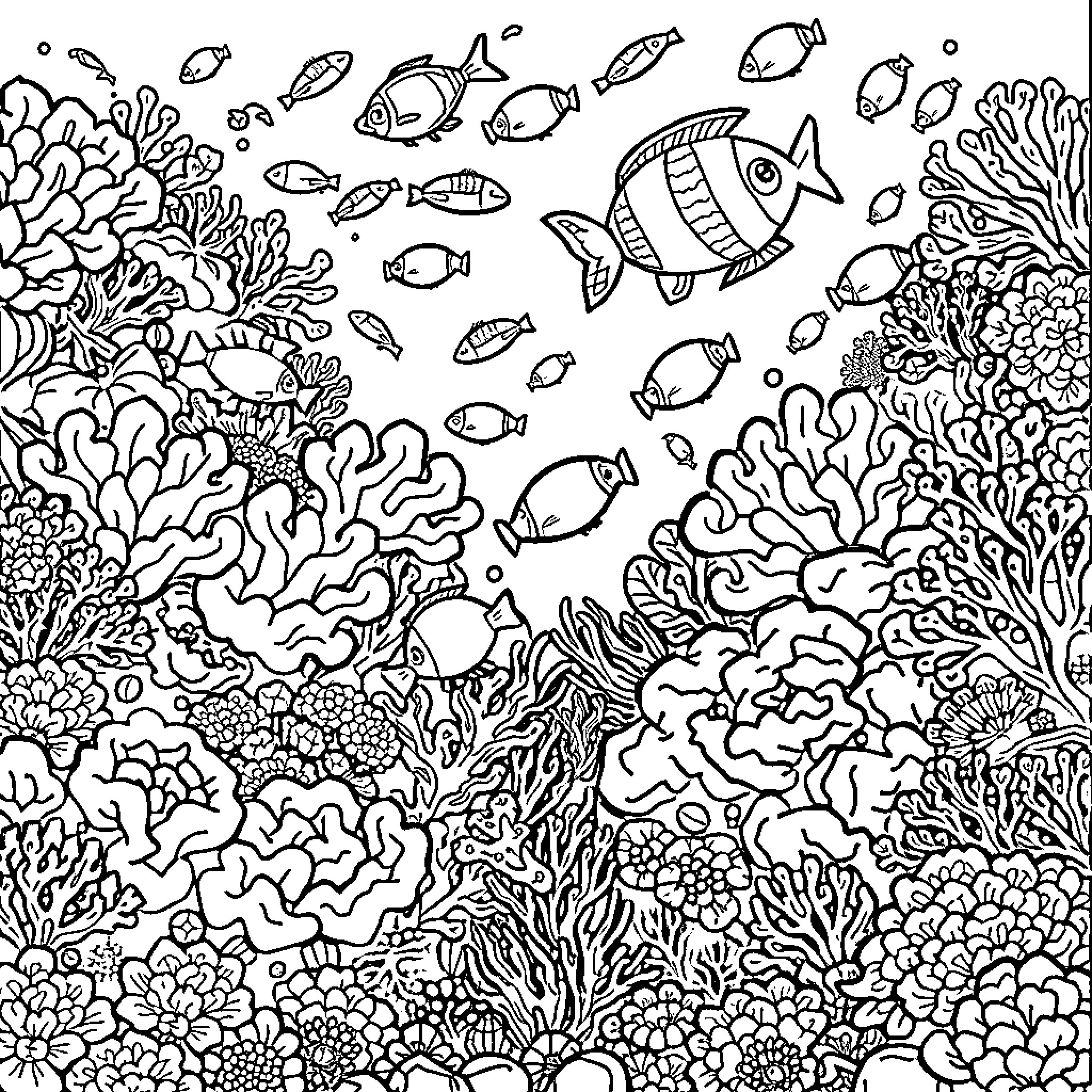 Coral reef with diverse marine life Coloring Page (free black-and-white line drawing printable PDF for all, from beginners to advanced learners, including children, teens, adults, and seniors)