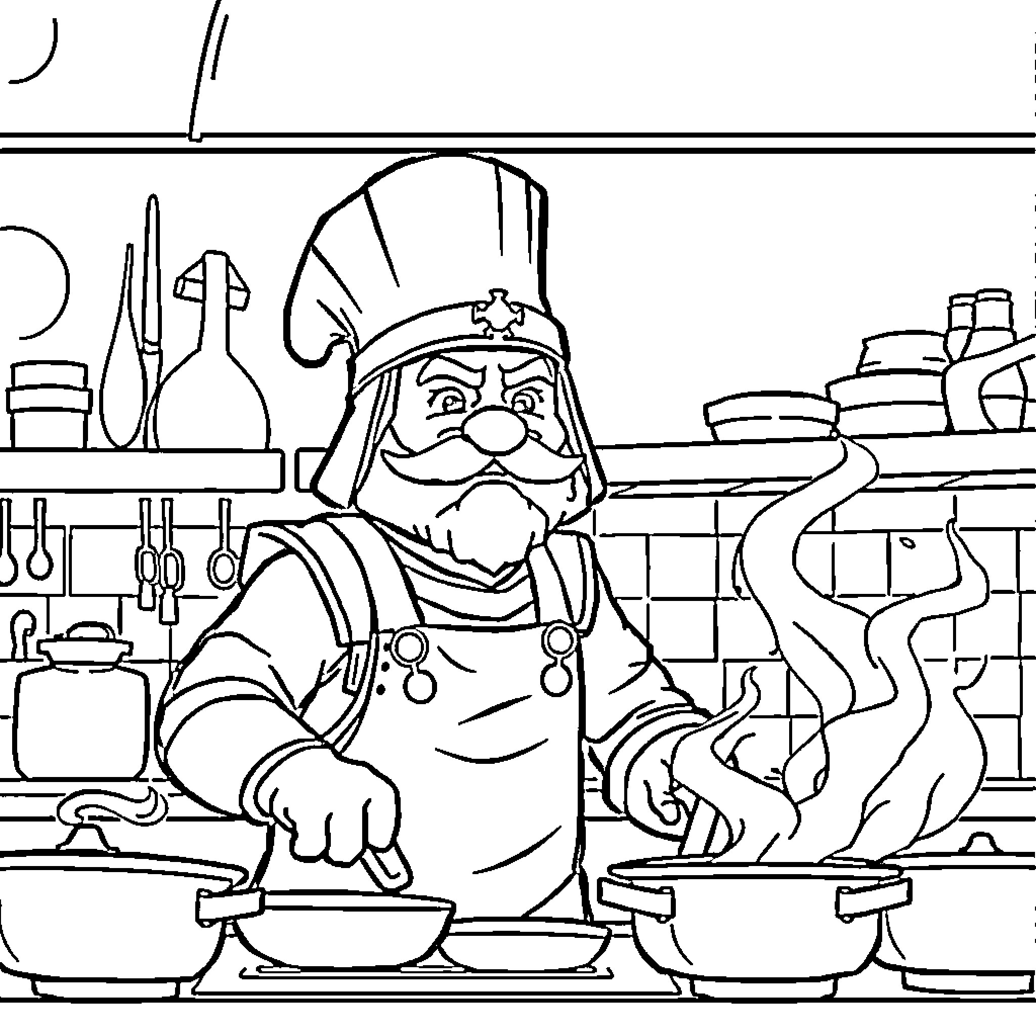 Master Chief cooking delicious meals in kitchen Coloring Page (free black-and-white line drawing printable PDF for all, from beginners to advanced learners, including children, teens, adults, and seniors)
