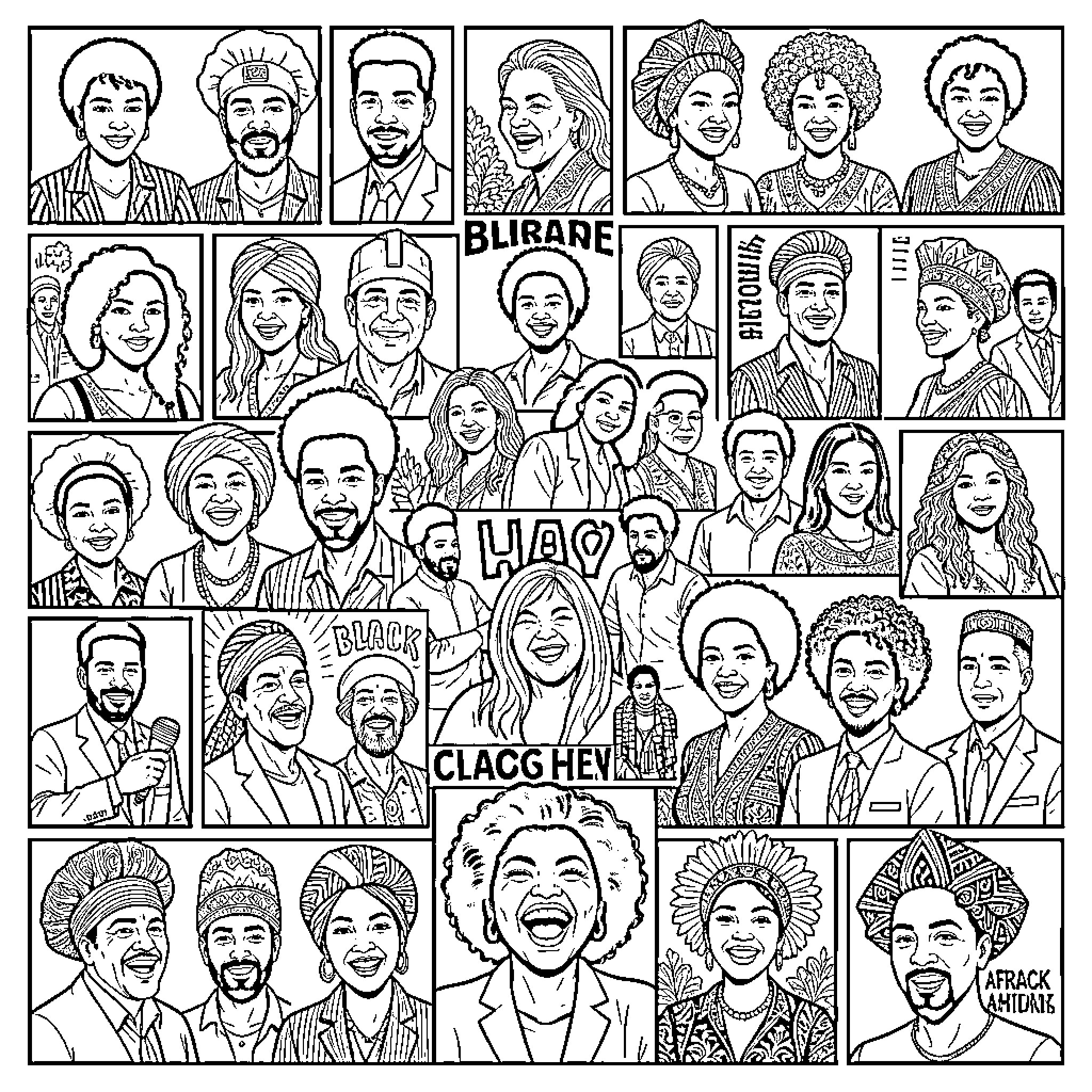 Black History Portraits of Diverse People Celebrating Community Coloring Page (free black-and-white line drawing printable PDF for all, from beginners to advanced learners, including children, teens, adults, and seniors)