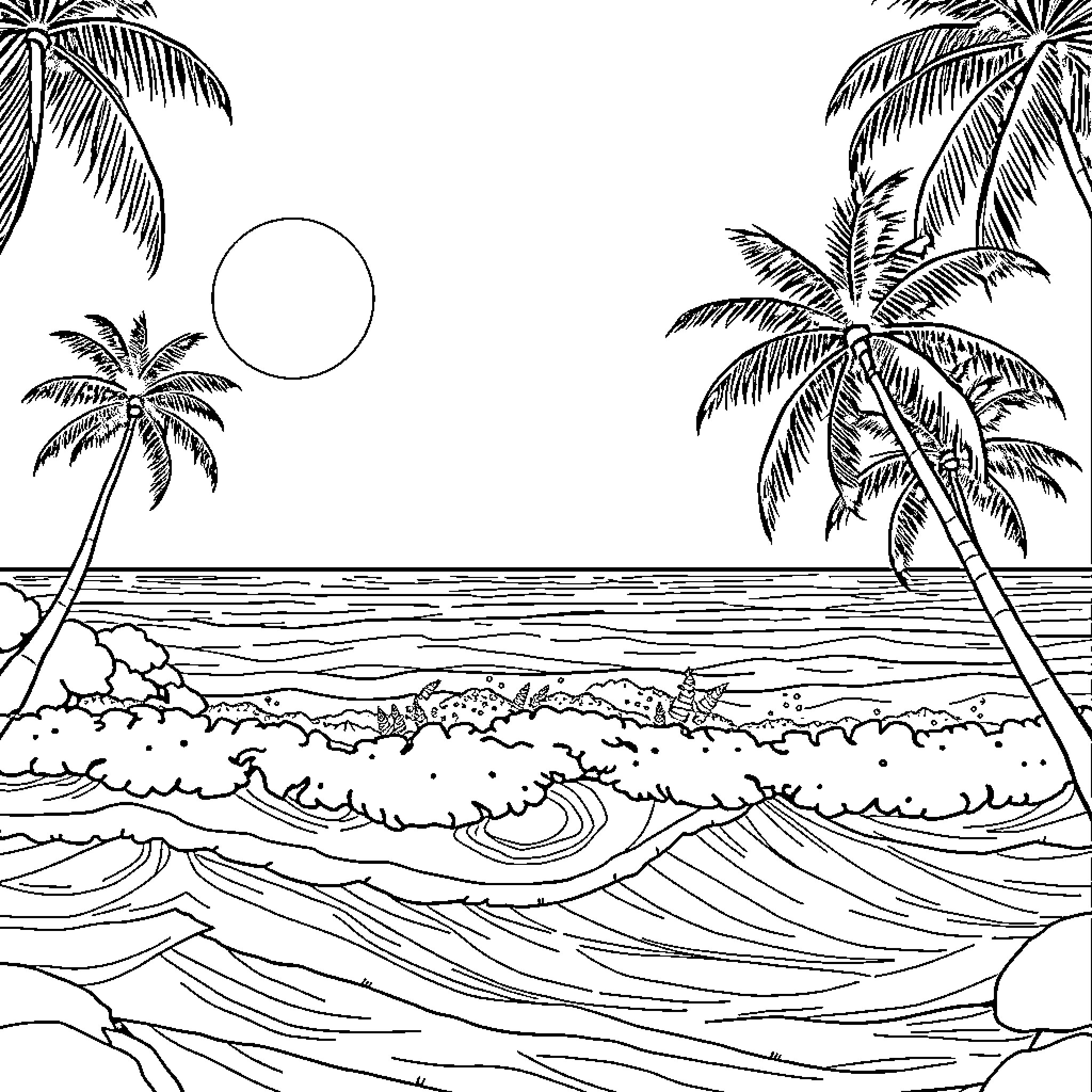 Luna's Tropical Oceanscape Coloring Page (free black-and-white line drawing printable PDF for all, from beginners to advanced learners, including children, teens, adults, and seniors)
