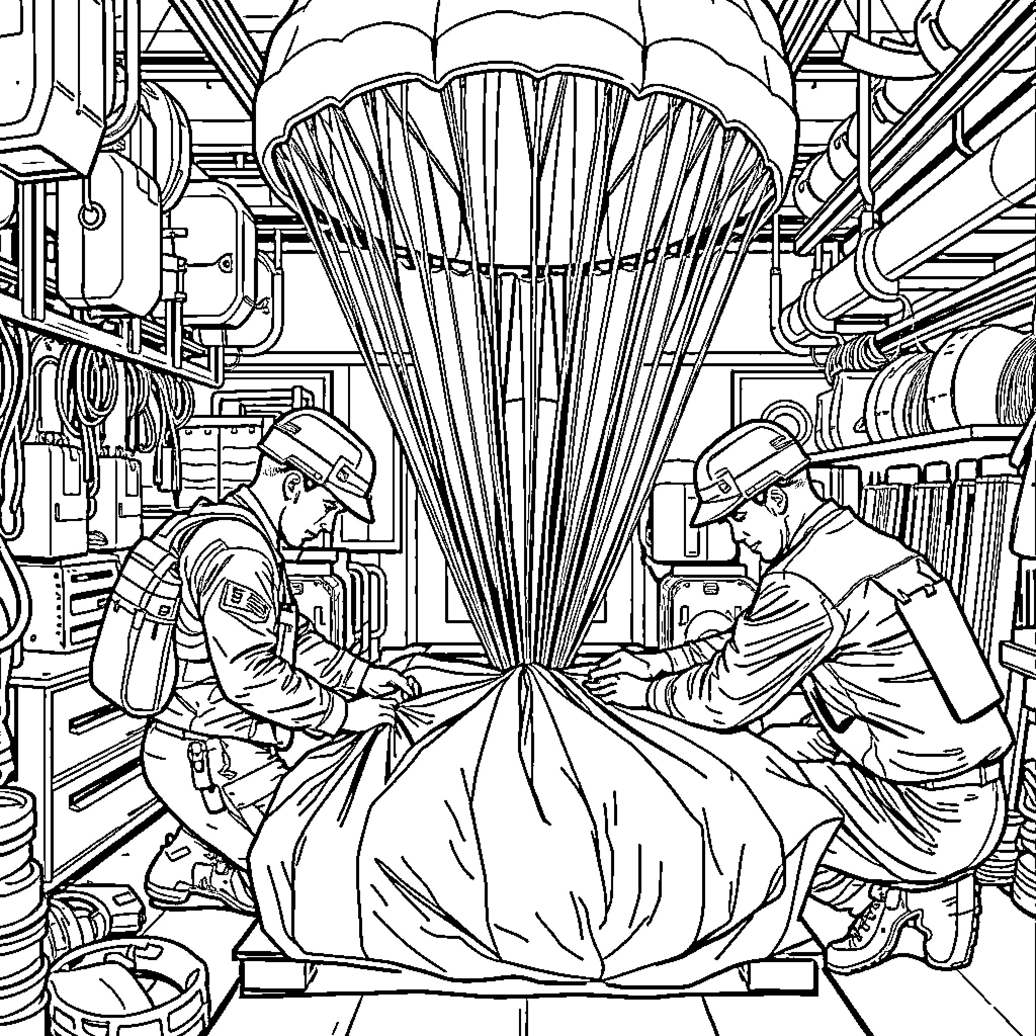 Parachute soldiers preparing for deployment Coloring Page (free black-and-white line drawing printable PDF for all, from beginners to advanced learners, including children, teens, adults, and seniors)