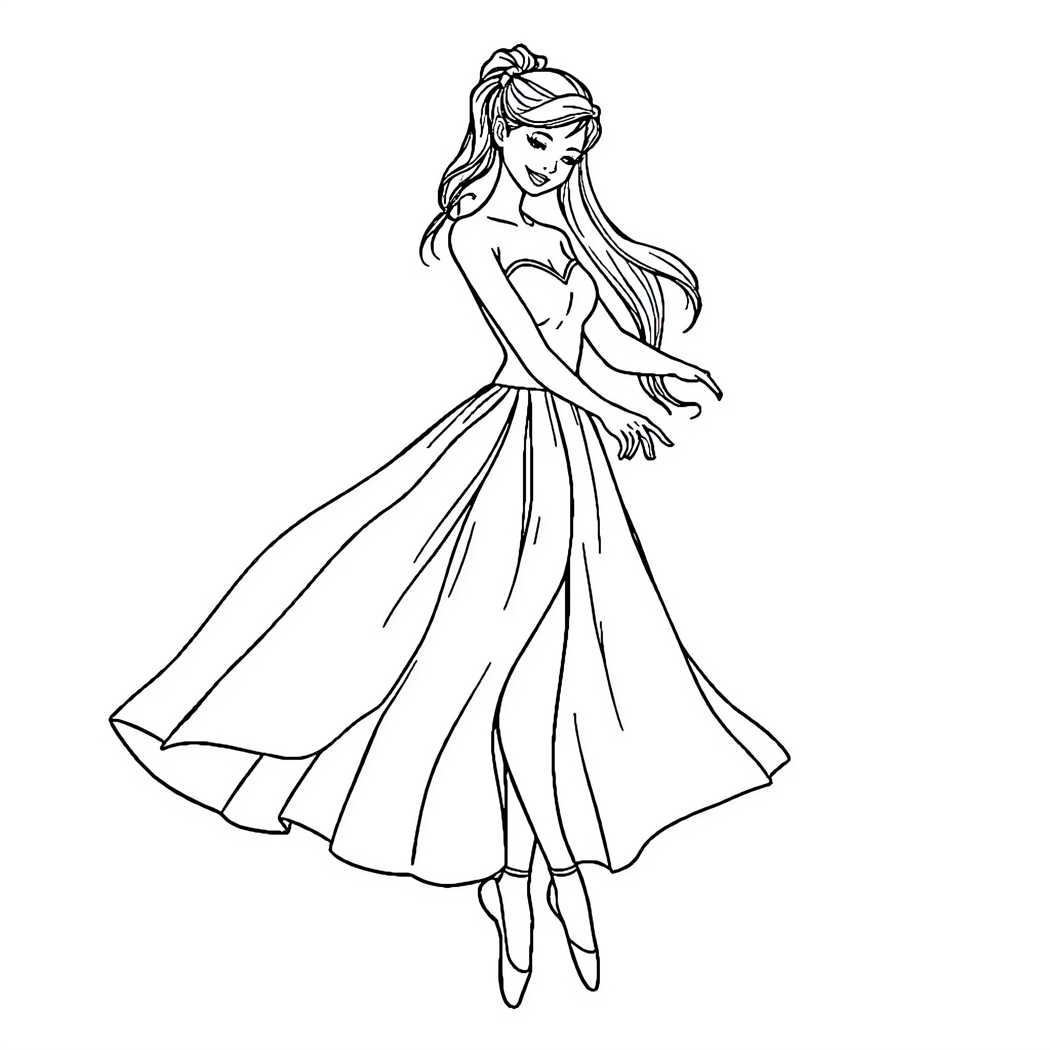 Ballet Dancer in Flowing Dress and Poised Stance Coloring Page (free black-and-white line drawing printable PDF for all, from beginners to advanced learners, including children, teens, adults, and seniors)