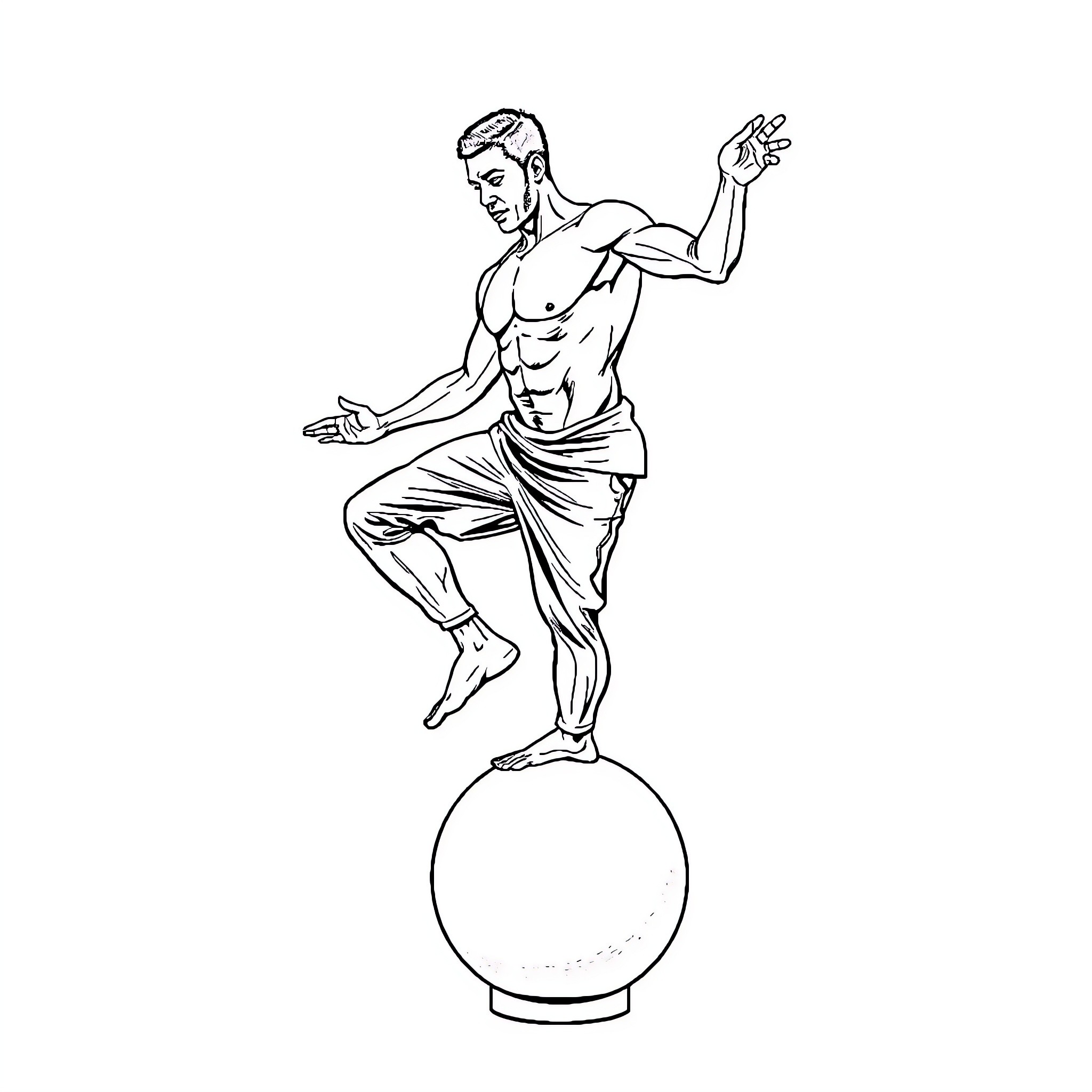 Man balancing on a sphere with arms outstretched Coloring Page (free black-and-white line drawing printable PDF for all, from beginners to advanced learners, including children, teens, adults, and seniors)