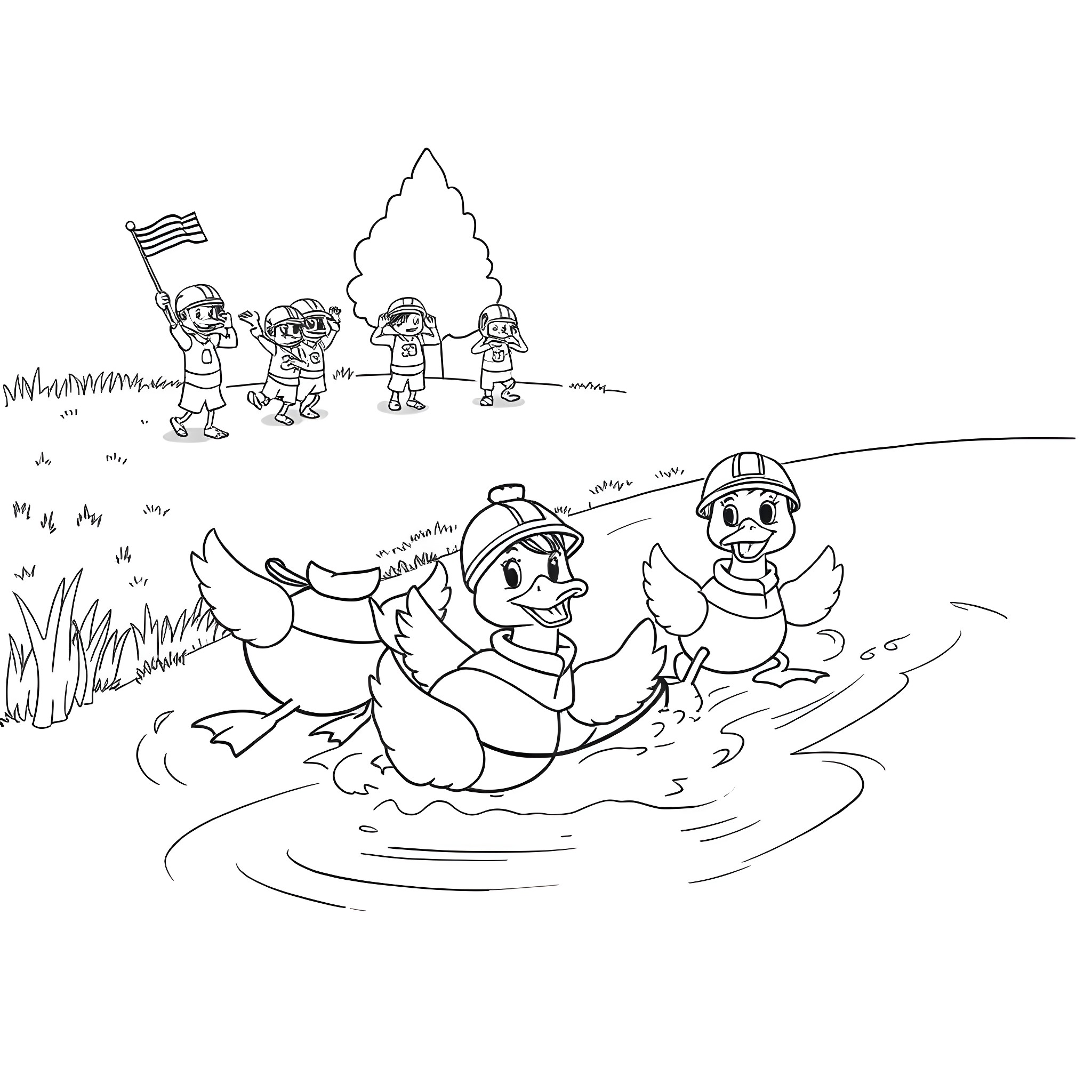 Duck enjoying a muddy puddle with friends Coloring Page (free black-and-white line drawing printable PDF for all, from beginners to advanced learners, including children, teens, adults, and seniors)