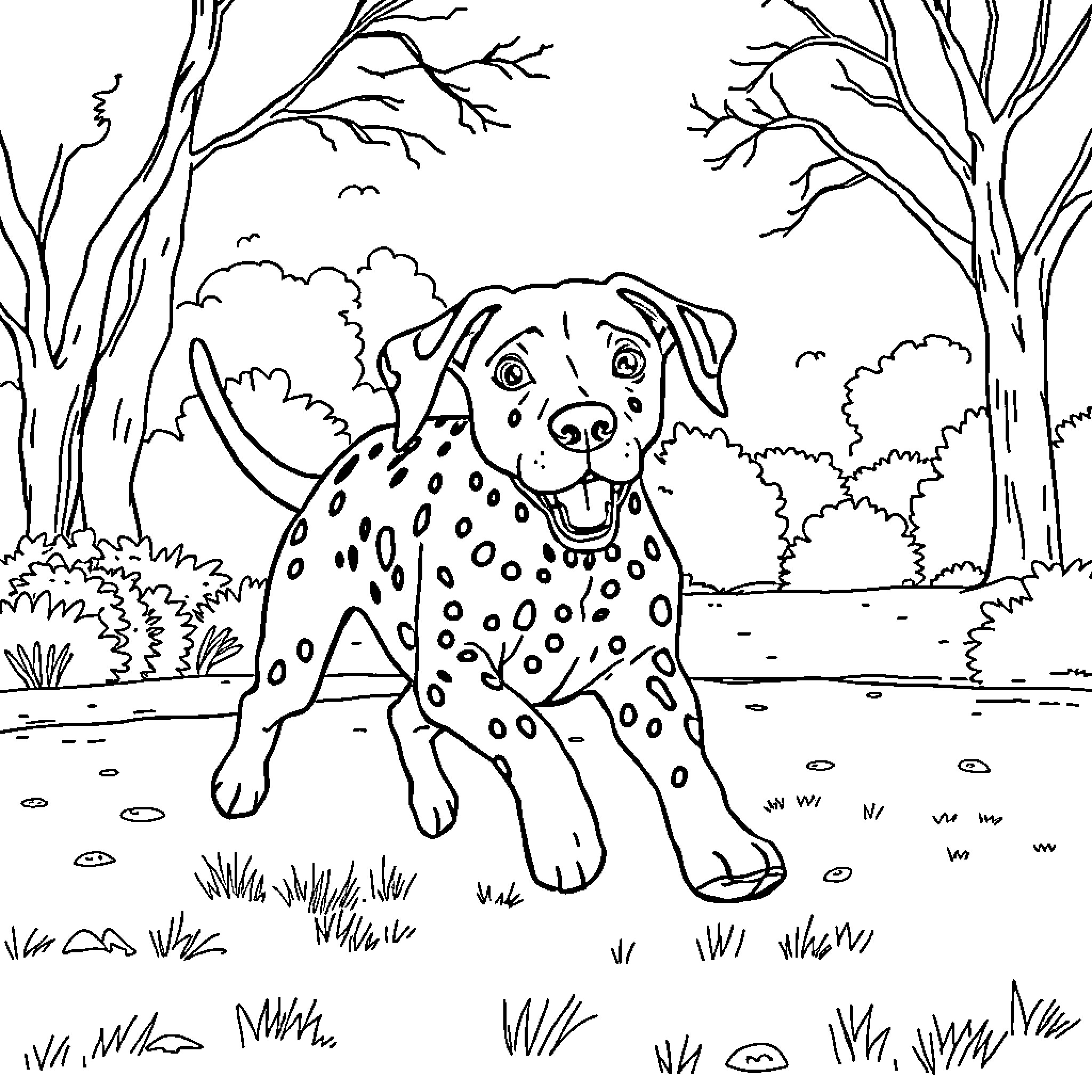 Dalmatian exploring the enchanting forest Coloring Page (free black-and-white line drawing printable PDF for all, from beginners to advanced learners, including children, teens, adults, and seniors)