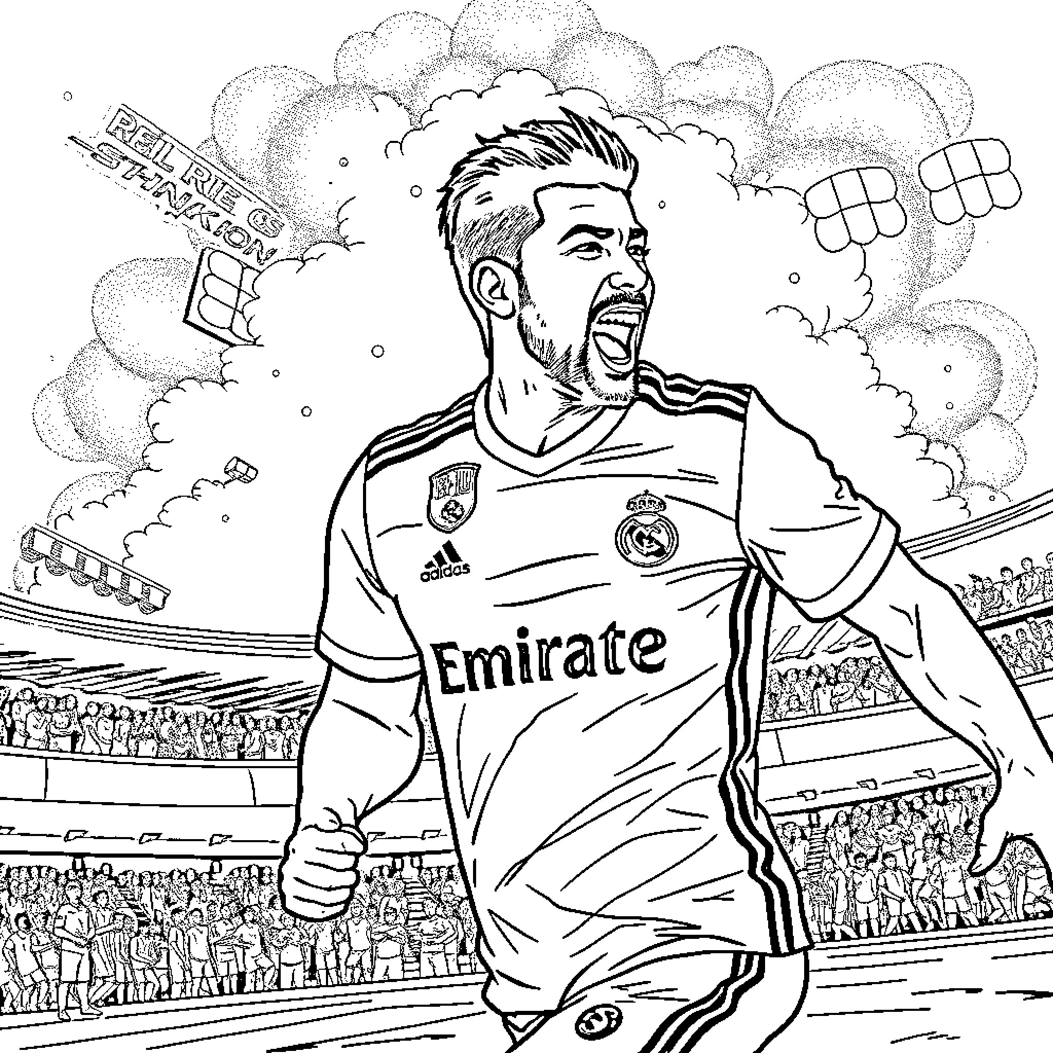 Lamine Yamal celebrating soccer victory in stadium Coloring Page (free black-and-white line drawing printable PDF for all, from beginners to advanced learners, including children, teens, adults, and seniors)