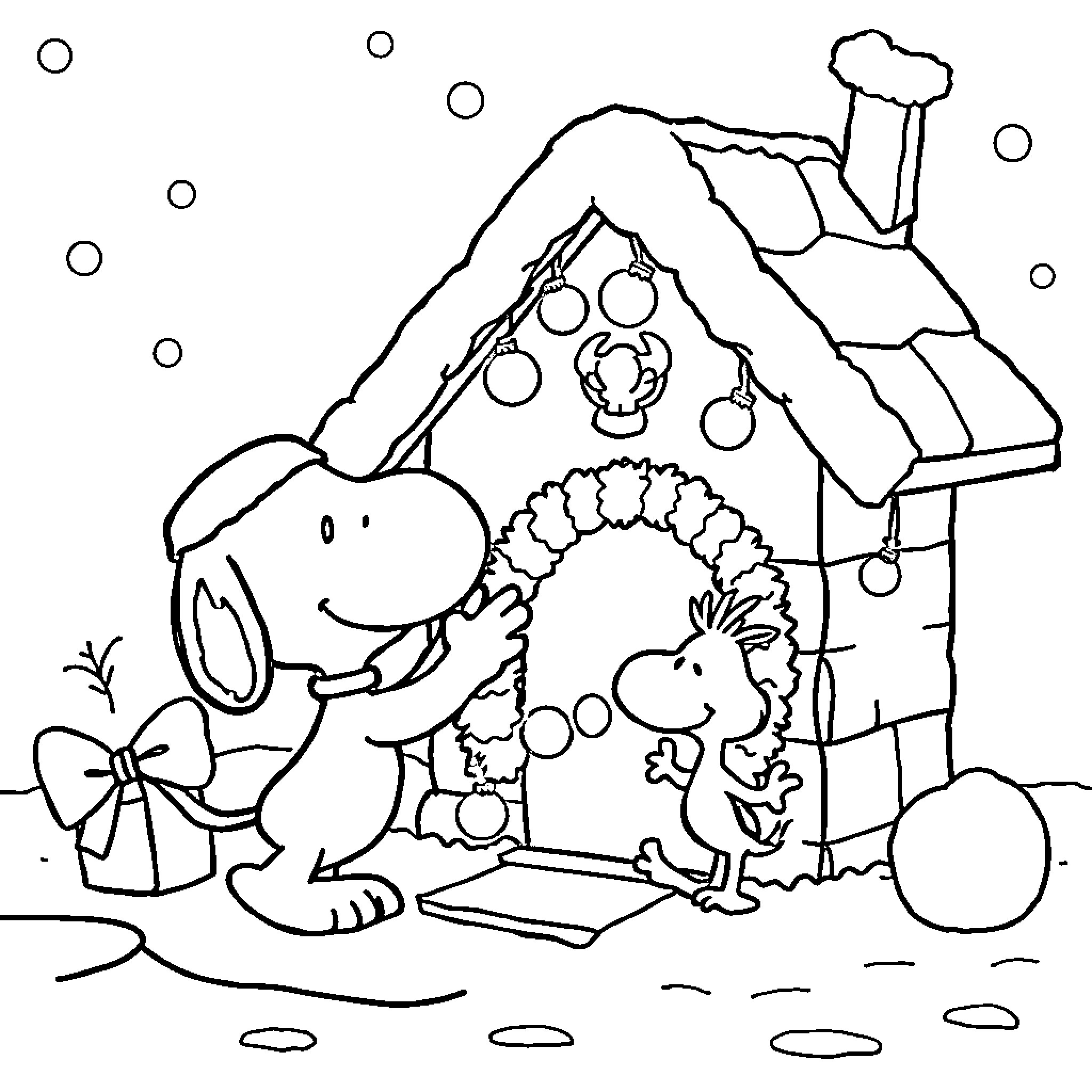 Snoopy Decorating His Gingerbread House Coloring Page (free black-and-white line drawing printable PDF for all, from beginners to advanced learners, including children, teens, adults, and seniors)