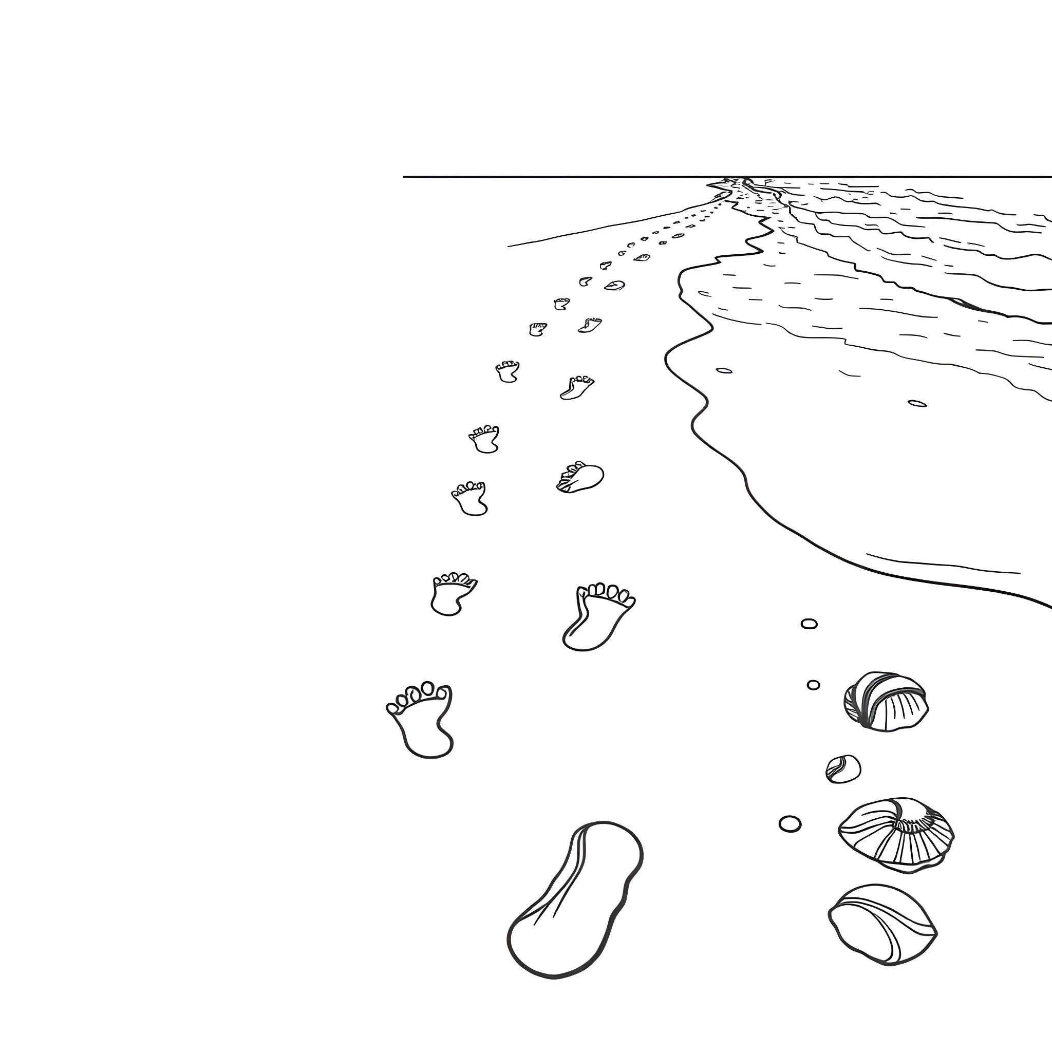 Footprint trail leading to the shore Coloring Page (free black-and-white line drawing printable PDF for all, from beginners to advanced learners, including children, teens, adults, and seniors)