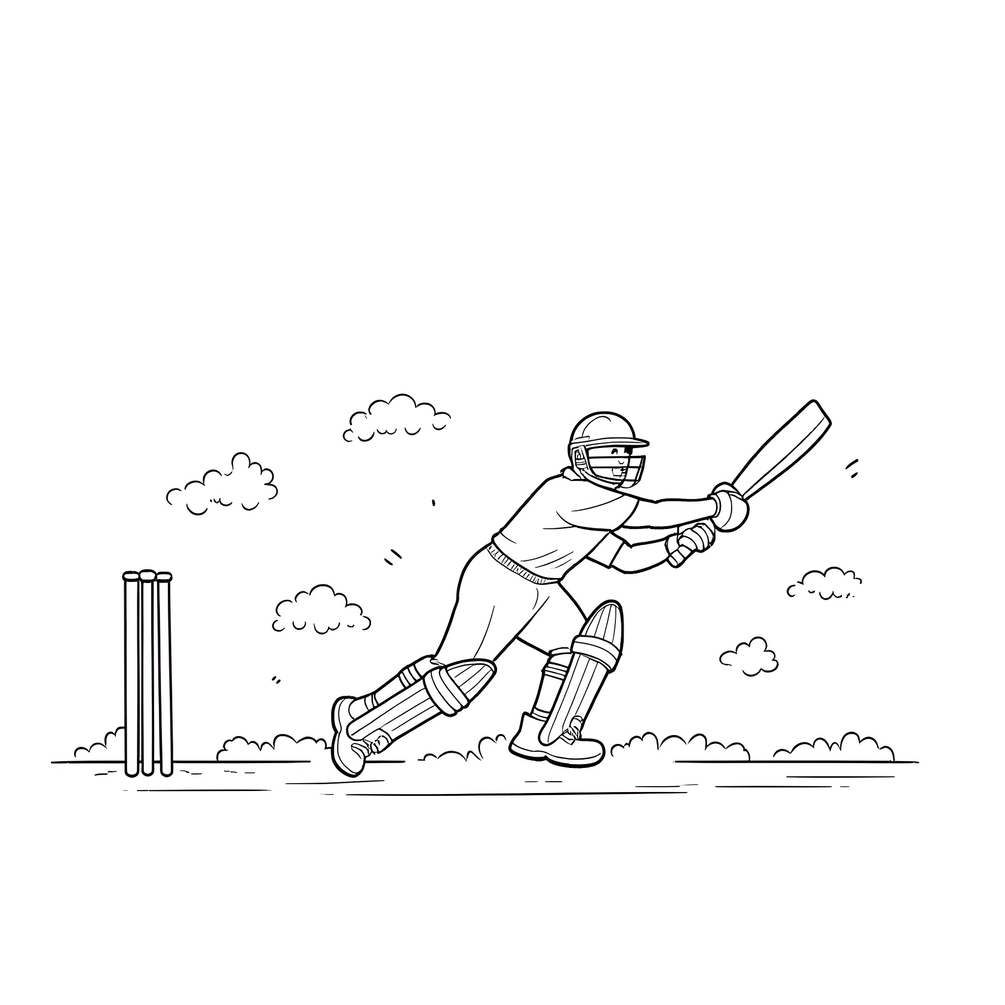 Bluey playing cricket outdoors Coloring Page (free black-and-white line drawing printable PDF for all, from beginners to advanced learners, including children, teens, adults, and seniors)