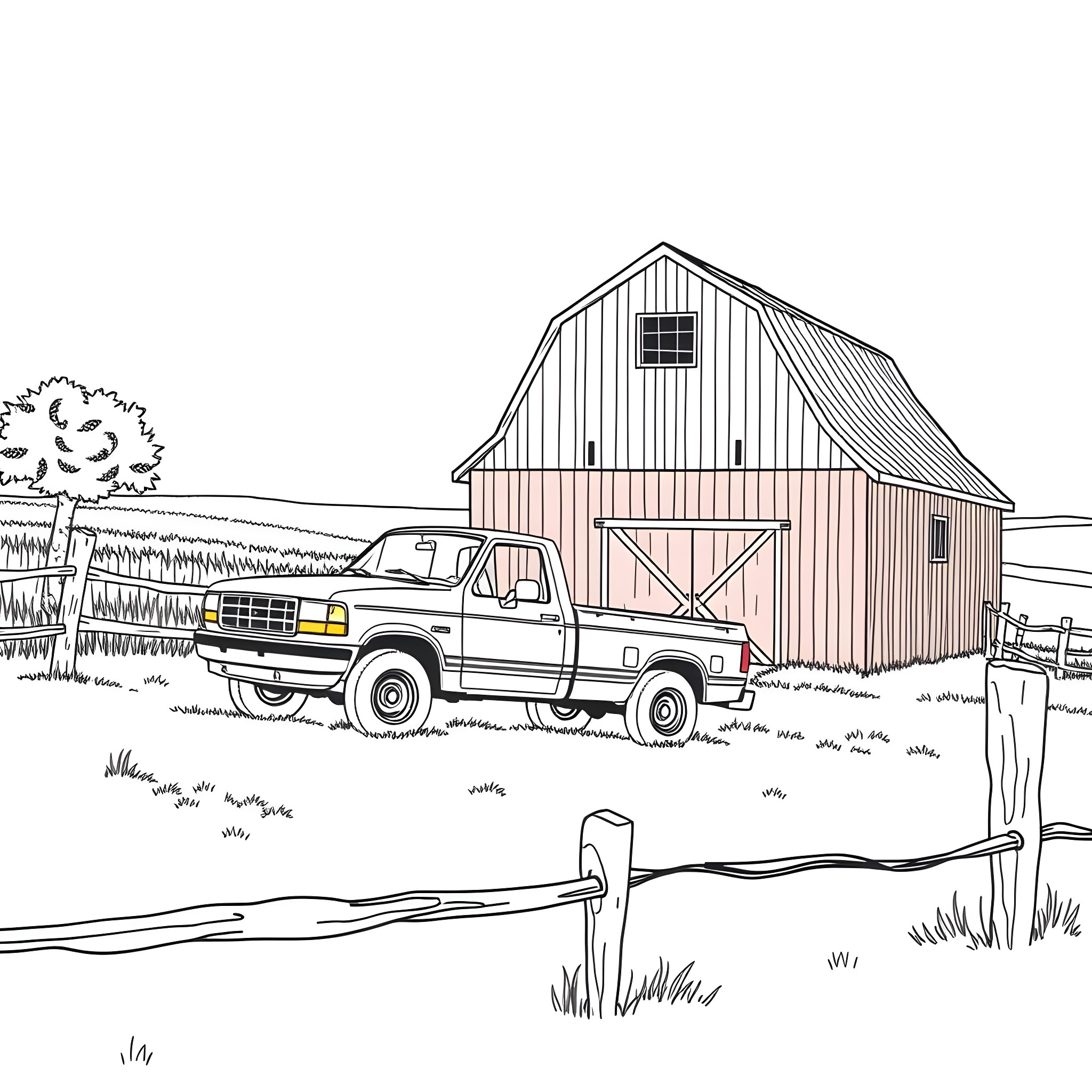 Pickup truck parked next to a rustic barn Coloring Page (free black-and-white line drawing printable PDF for all, from beginners to advanced learners, including children, teens, adults, and seniors)