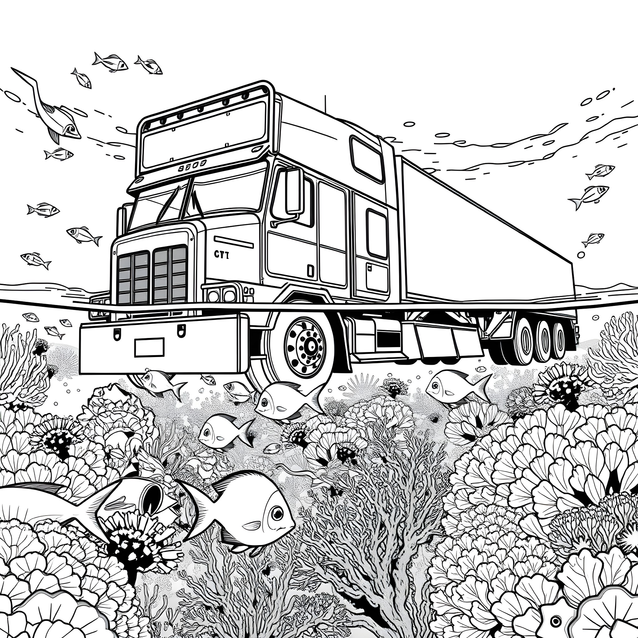 Big Rig Underwater Exploration Adventure Coloring Page (free black-and-white line drawing printable PDF for all, from beginners to advanced learners, including children, teens, adults, and seniors)