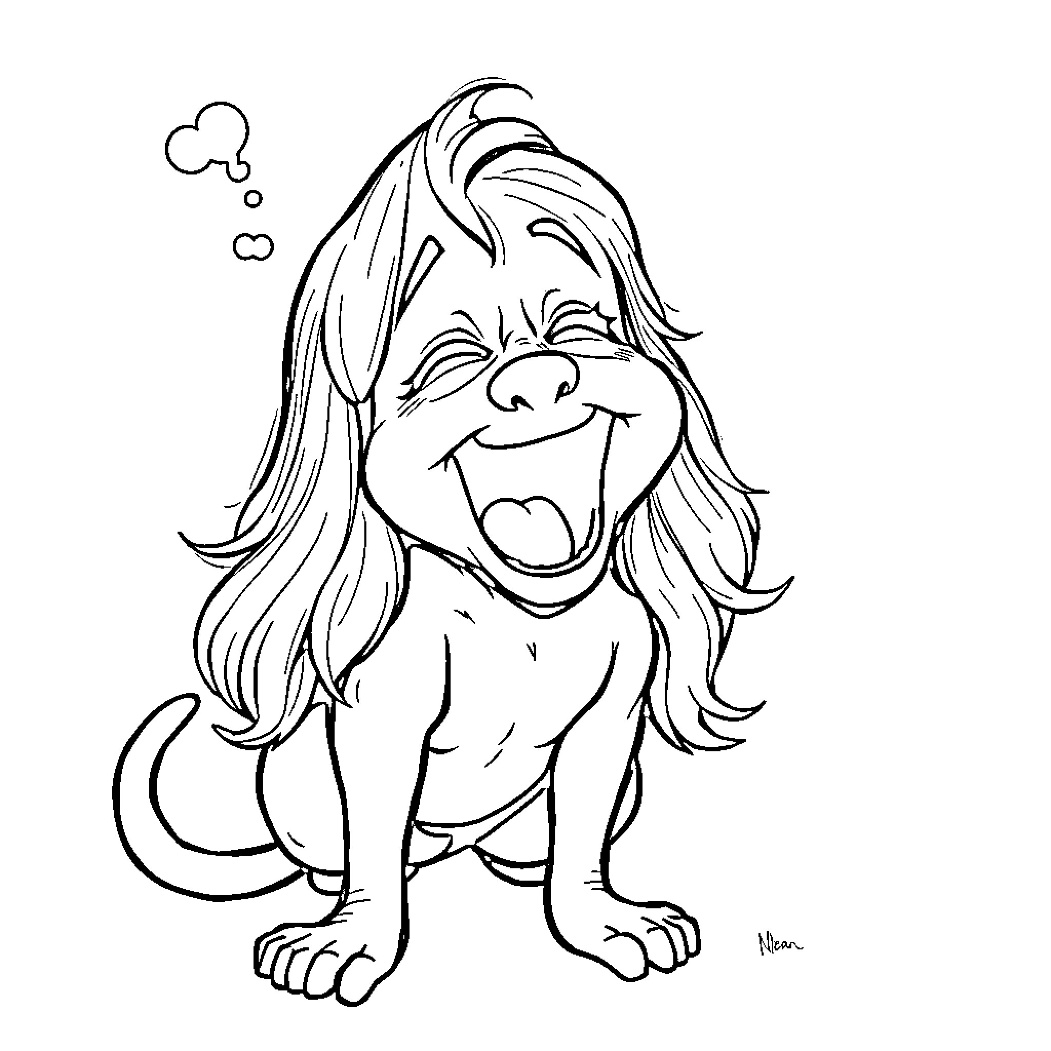 Charlene's Joyful Canine Companion Coloring Page (free black-and-white line drawing printable PDF for all, from beginners to advanced learners, including children, teens, adults, and seniors)