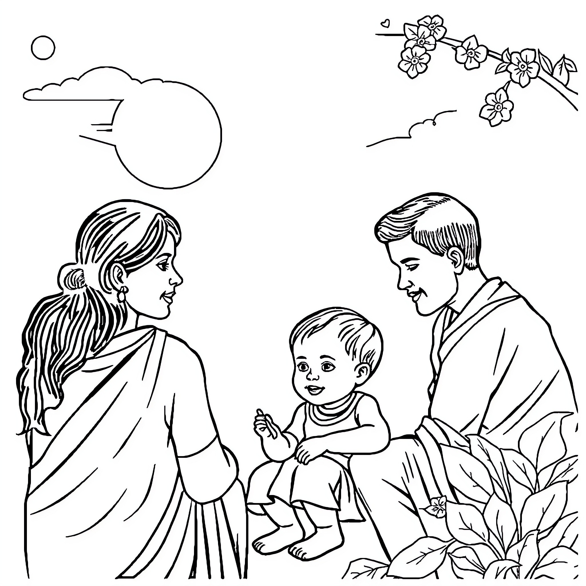 Life Insurance for a Happy Family Coloring Page (free black-and-white line drawing printable PDF for all, from beginners to advanced learners, including children, teens, adults, and seniors)
