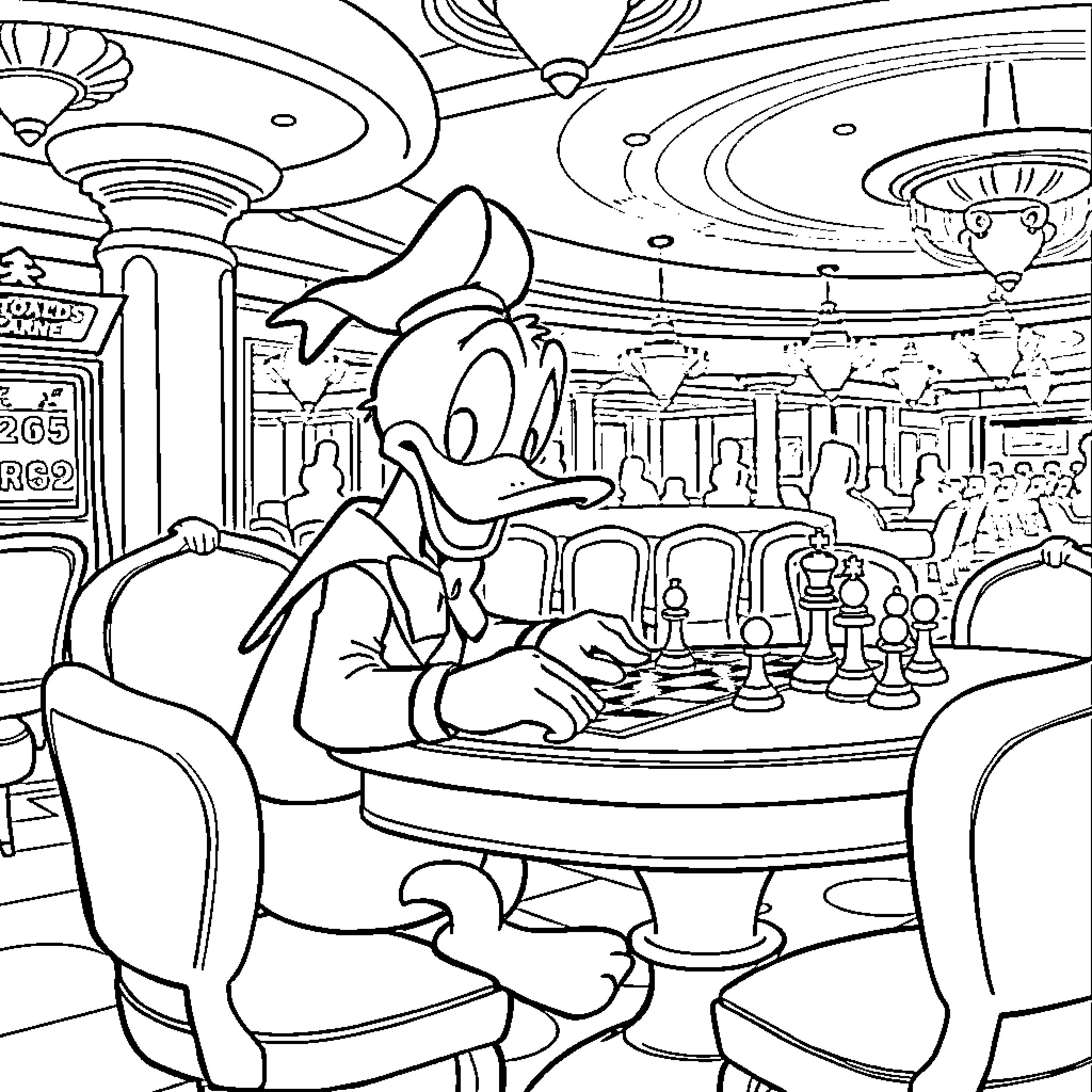 Donald Duck playing chess in a casino Coloring Page (free black-and-white line drawing printable PDF for all, from beginners to advanced learners, including children, teens, adults, and seniors)