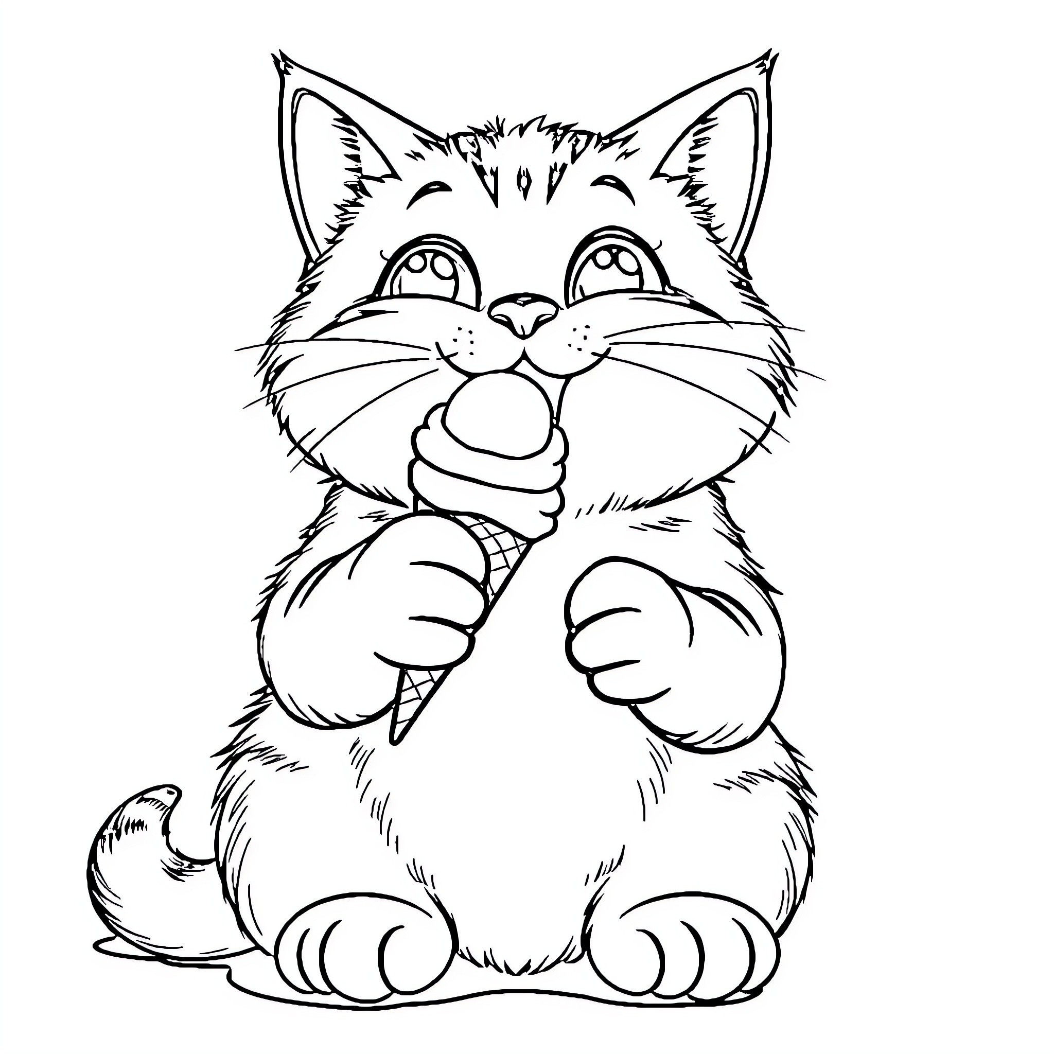 Cat Sitting Contentedly Coloring Page (free black-and-white line drawing printable PDF for all, from beginners to advanced learners, including children, teens, adults, and seniors)