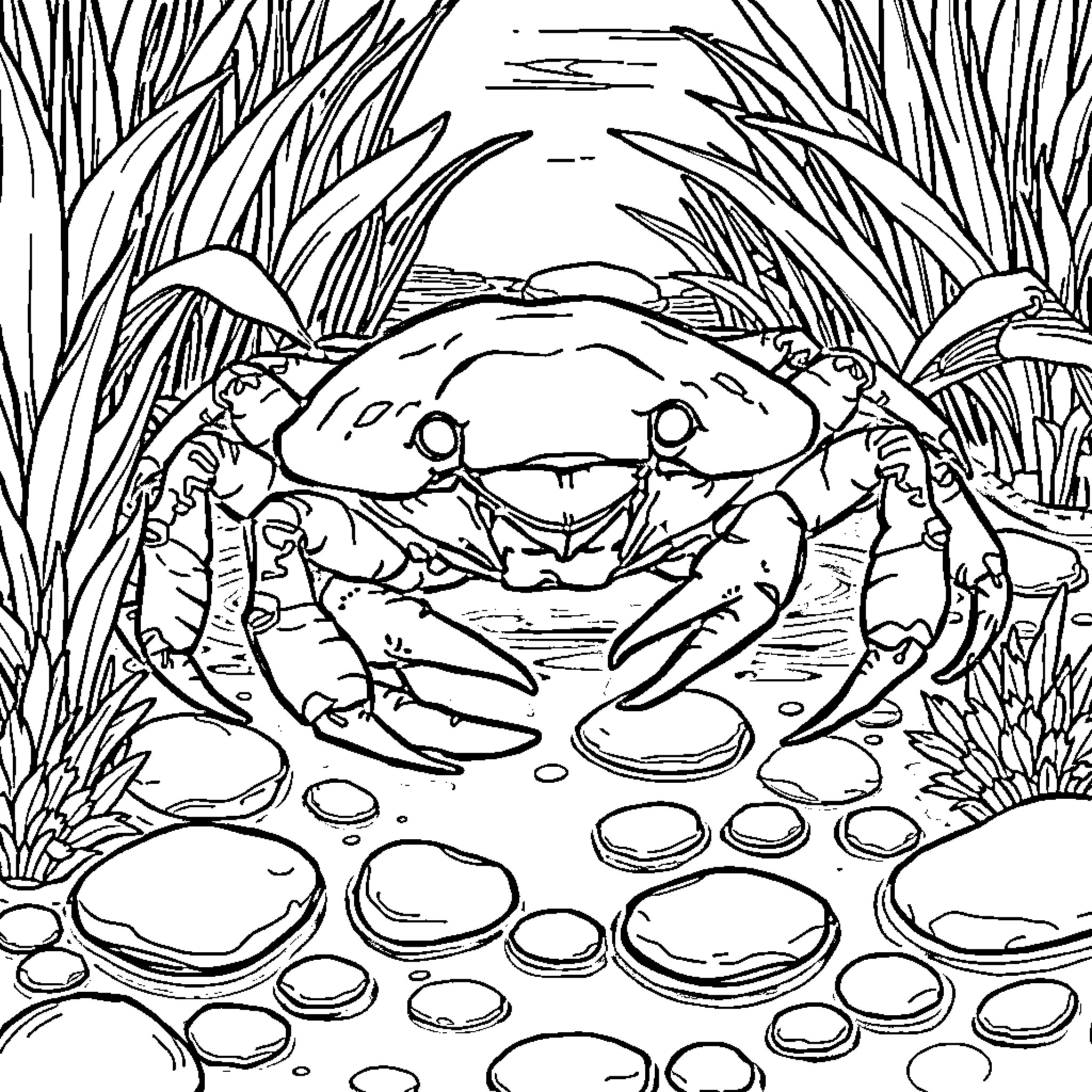 Crab resting in its natural habitat Coloring Page (free black-and-white line drawing printable PDF for all, from beginners to advanced learners, including children, teens, adults, and seniors)