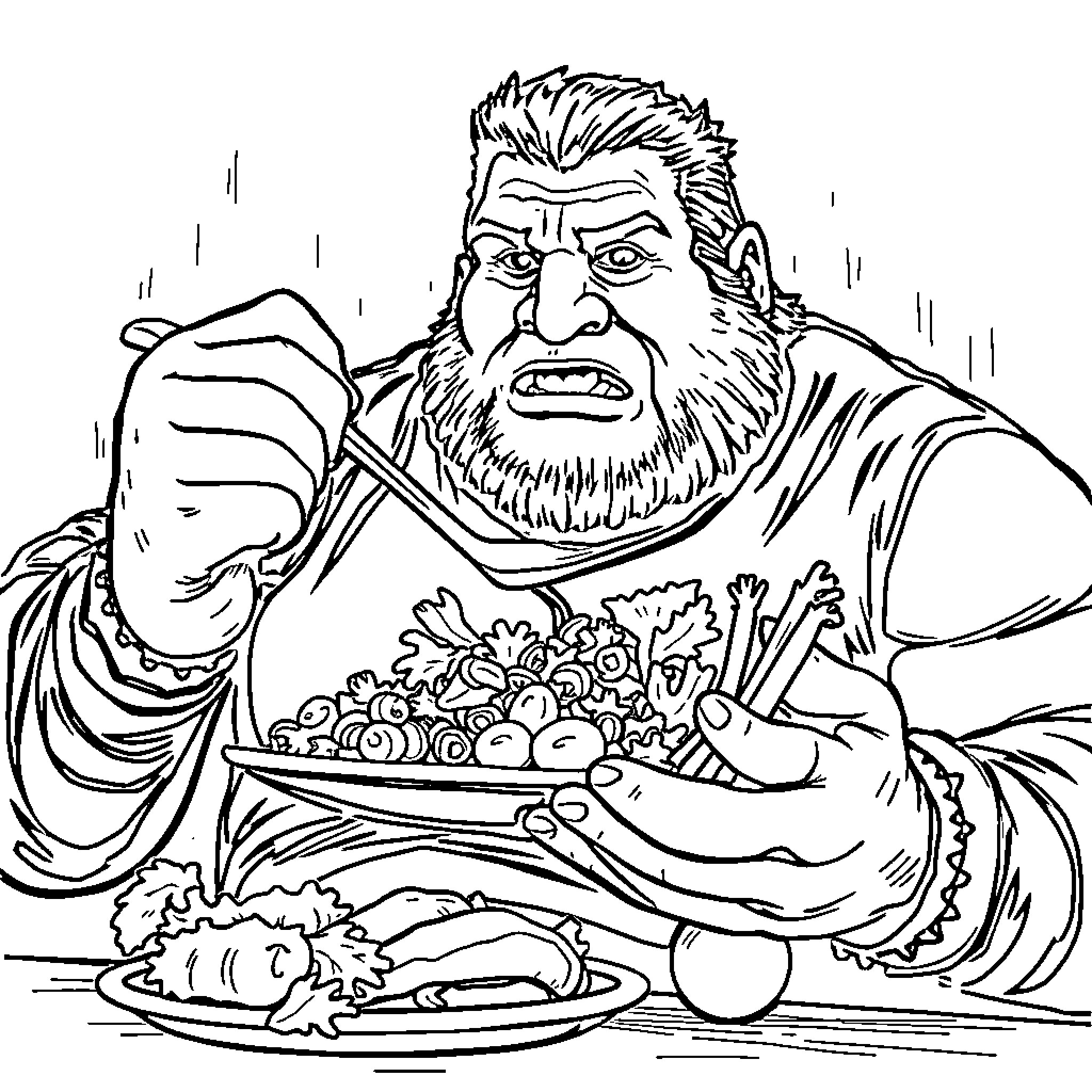 André the Giant Enjoying a Hearty Meal Coloring Page (free black-and-white line drawing printable PDF for all, from beginners to advanced learners, including children, teens, adults, and seniors)