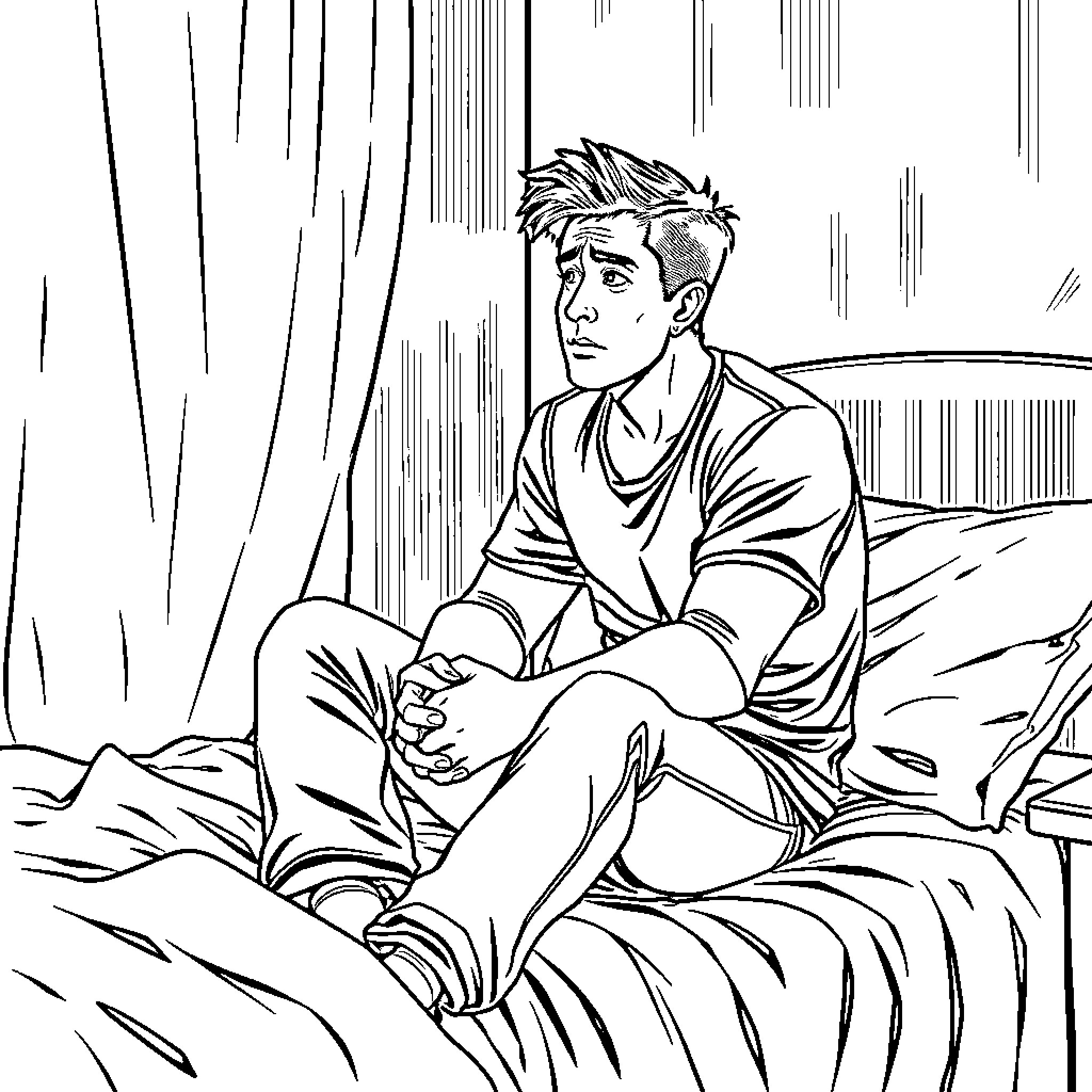 Rogelio contemplating in his bedroom Coloring Page (free black-and-white line drawing printable PDF for all, from beginners to advanced learners, including children, teens, adults, and seniors)