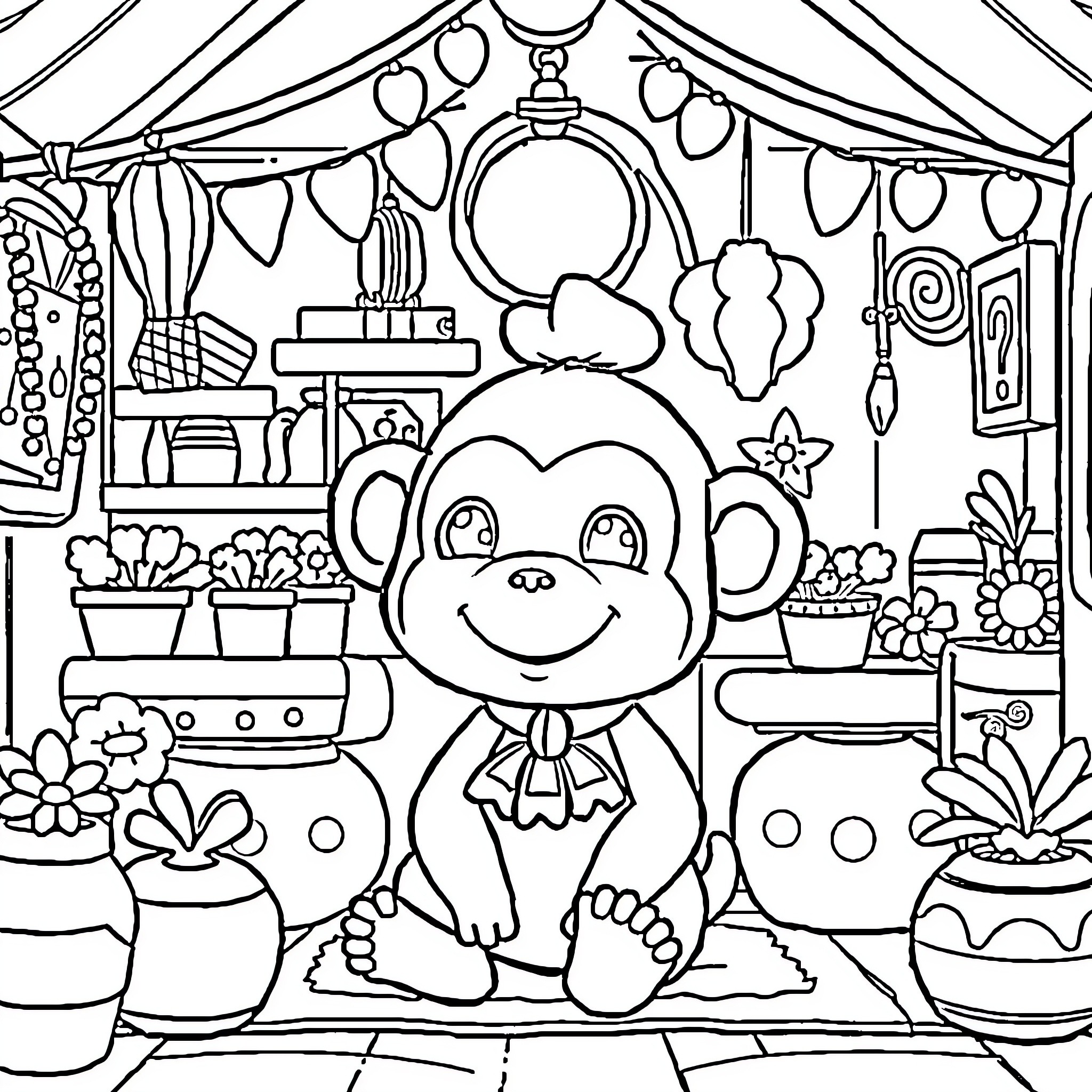 Shari's Whimsical Monkey Adventure in the Cozy Greenhouse Coloring Page (free black-and-white line drawing printable PDF for all, from beginners to advanced learners, including children, teens, adults, and seniors)