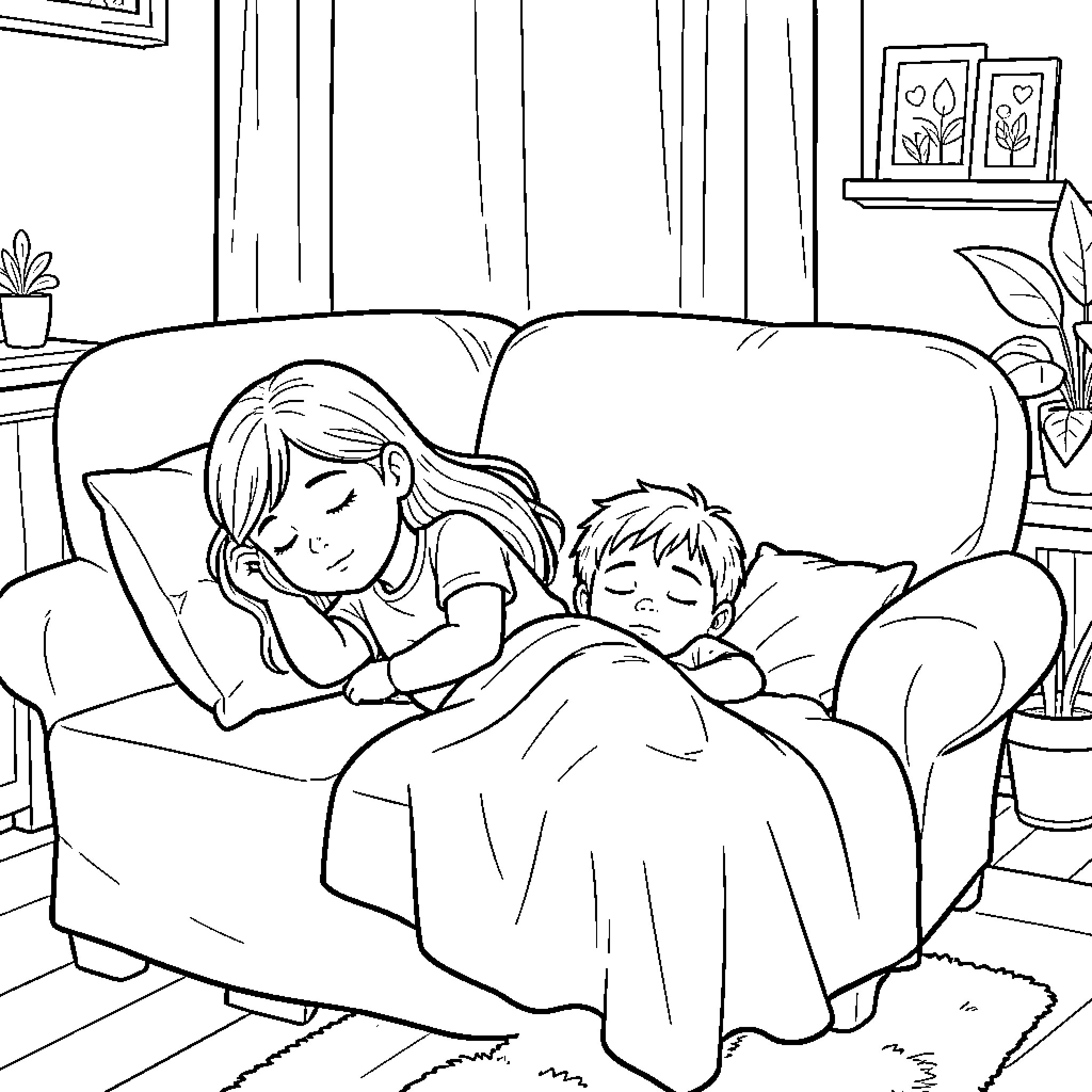 Fille and boy sleeping peacefully on a sofa Coloring Page (free black-and-white line drawing printable PDF for all, from beginners to advanced learners, including children, teens, adults, and seniors)